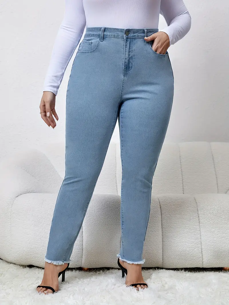 plus size basic jeans womens plus solid raw trim button fly high rise high stretch skinny jeans details 0