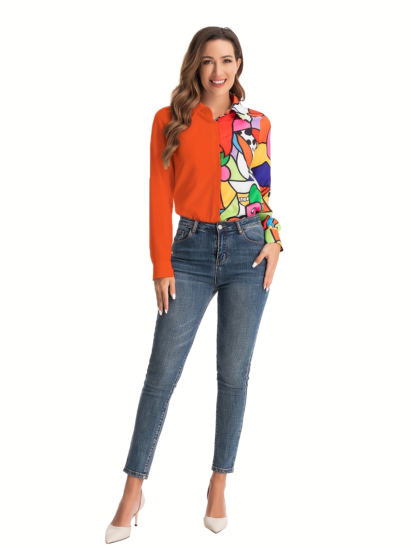 Blusas de mujer Camisa de retazos con estampado floral para mujer Blusas  casuales con botones y cuello en V de manga larga