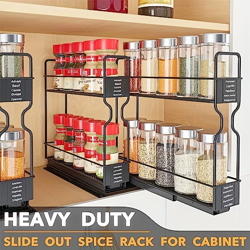 

1 Set Pull Out Spice Rack Organizer For Cabinet, Heavy Duty Slide Out Seasoning Kitchen Organizer, Cabinet Organizer, With Labels And Chalk Marker, 2 Drawers 2-tier