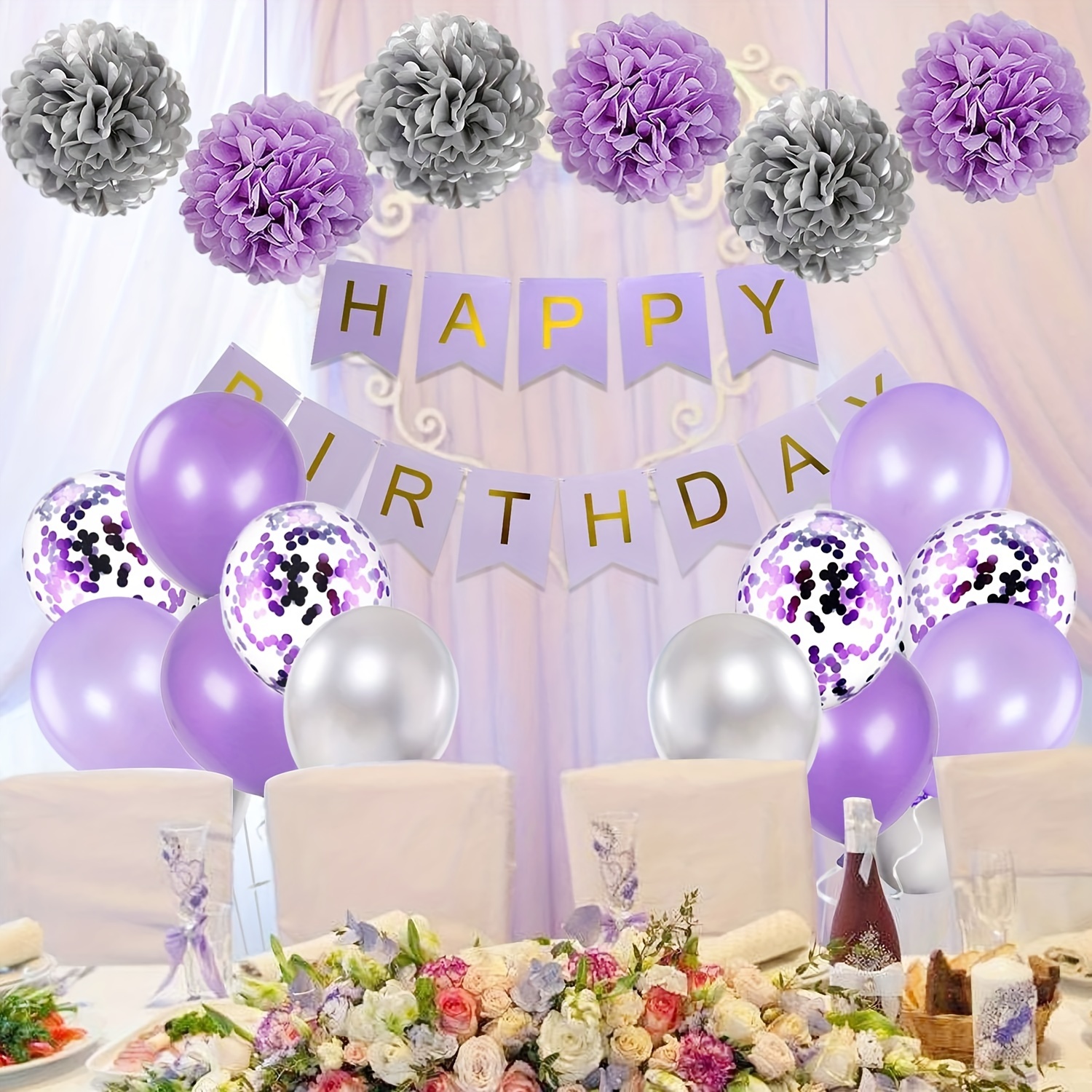 Purple Party Decorations with Happy Birthday Banner, Purple White