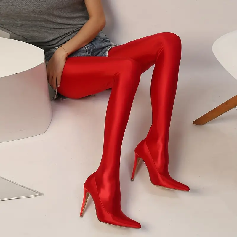 Women's Glossy Lycra Leggings Stiletto Booties, Comfy Pointed Toe Slip On  Heels, Fashion Solid Color Boots