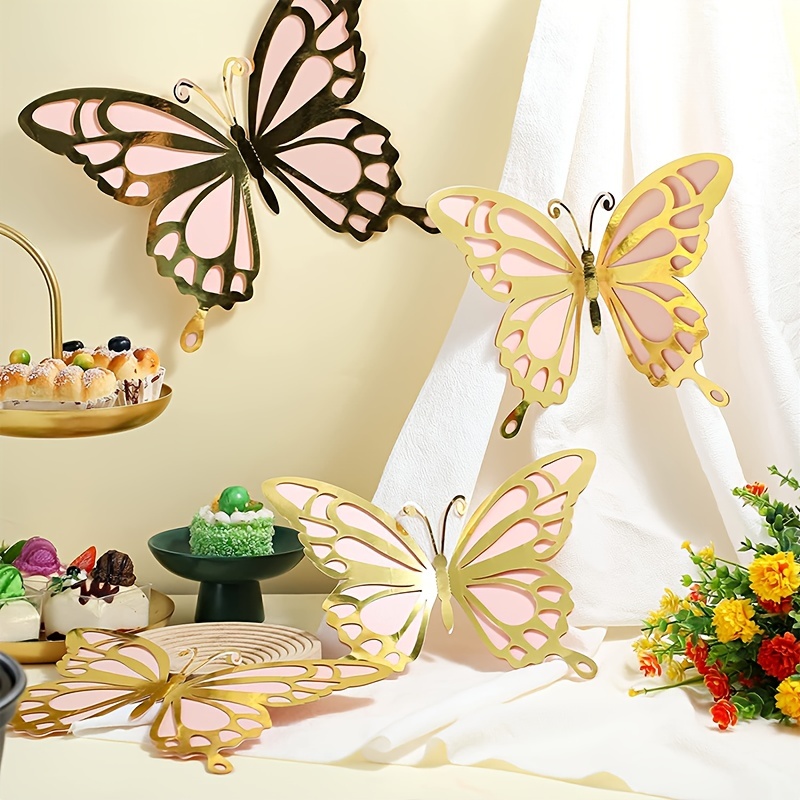 

12pcs, Large Butterfly Party Decoration Paper Butterfly In 2 Different Size 3d Butterfly Wall Decor Set Giant Butterfly For Birthday Baby Shower Nursery Girl Bedroom Wedding (golden And Pink)