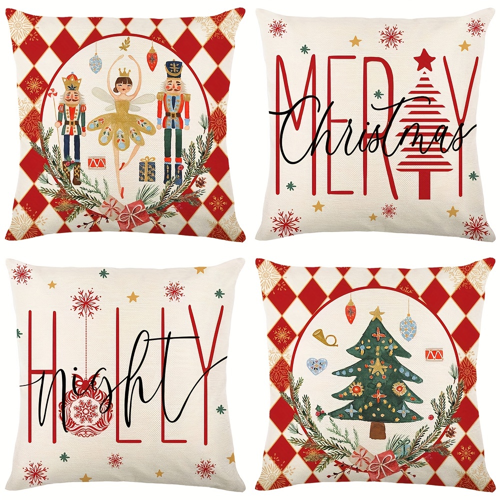 

4pcs Christmas Decoration Christmas Tree Prince And Princess Red Throw Pillowcase, Throw Pillow Cover For Sofa Bed Car Living Room Home Decor Room Decor, Without Pillow Insert, 17.7inch*17.7inch