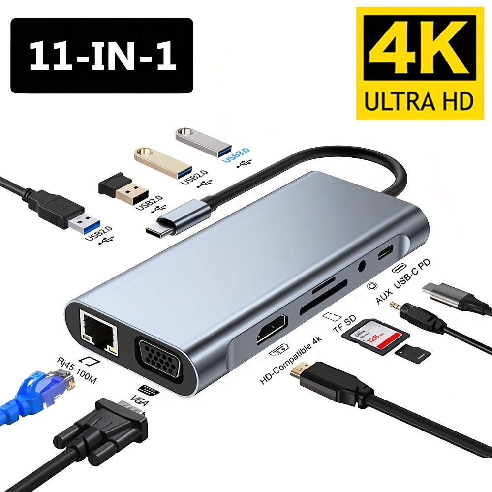 

Station d'accueil USB C 11 en 1 avec adaptateur 4K Type C vers HD-compatible, USB C vers PD87W, USB 3.0, RJ45, USB de type C, répartiteur USB pour Ma-cBook Pro Air