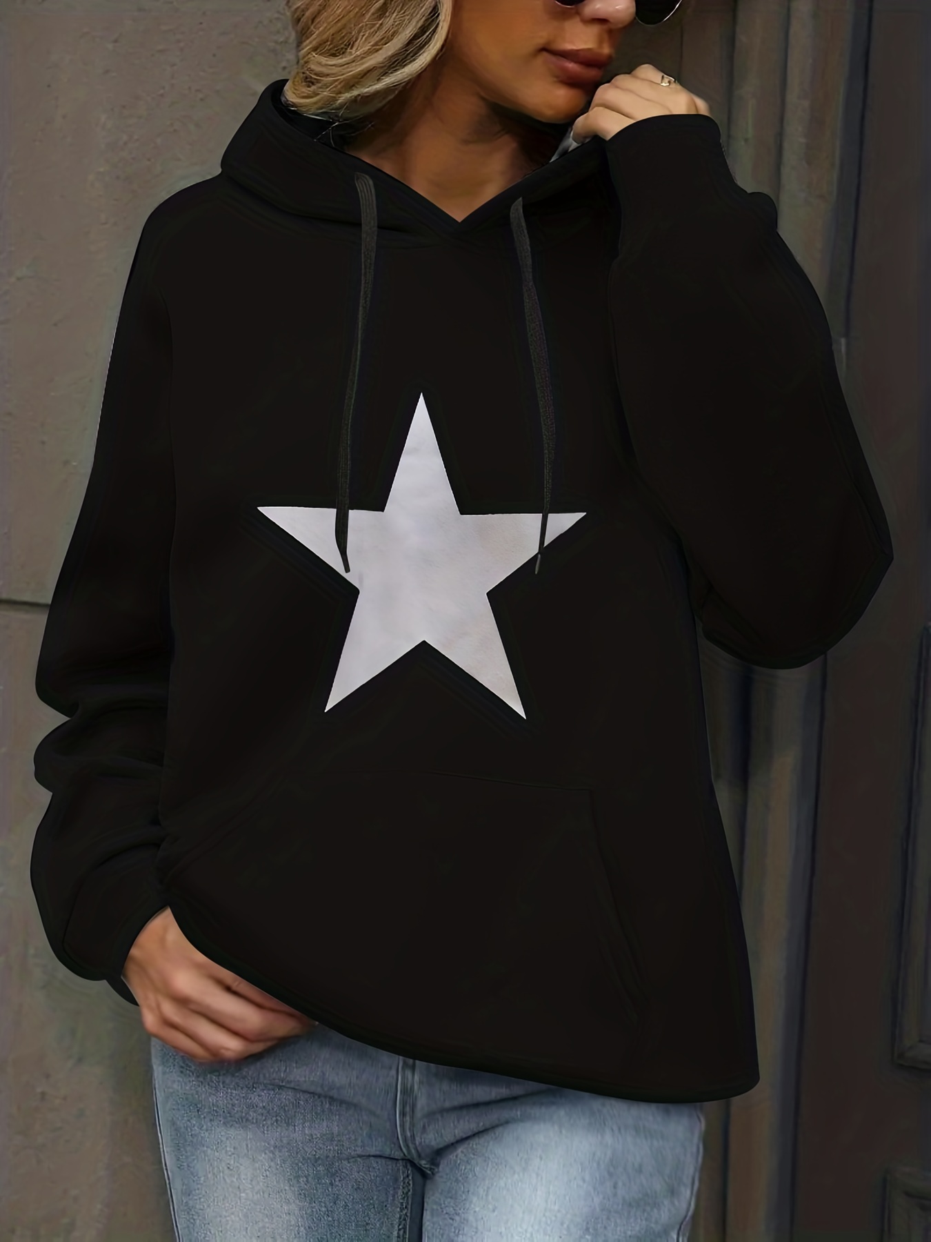 Star Pattern Kangaroo Pocket Hoodie Casual Long Sleeve Drawstring Hoodies  Sweatshirt Womens Clothing - Women's Clothing - Temu
