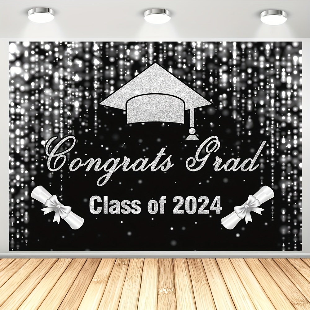 

1pc, Congrats Grad Photography Backdrop, Vinyl Silver Glitter Bokeh Pattern Class Of 2024 Graduation Party Decoration Cake Table Banner Supplies 82.6x59.0 Inch/94.4x70.8 Inch