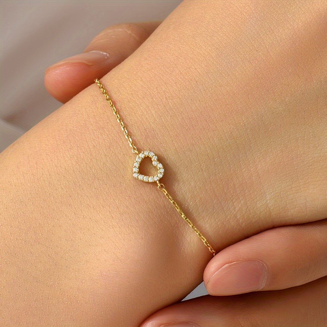 

1pc Mini Love Heart Thin Chain Bracelet Inlaid Shiny Rhinestone Elegant Copper Hand Chain Bracelet