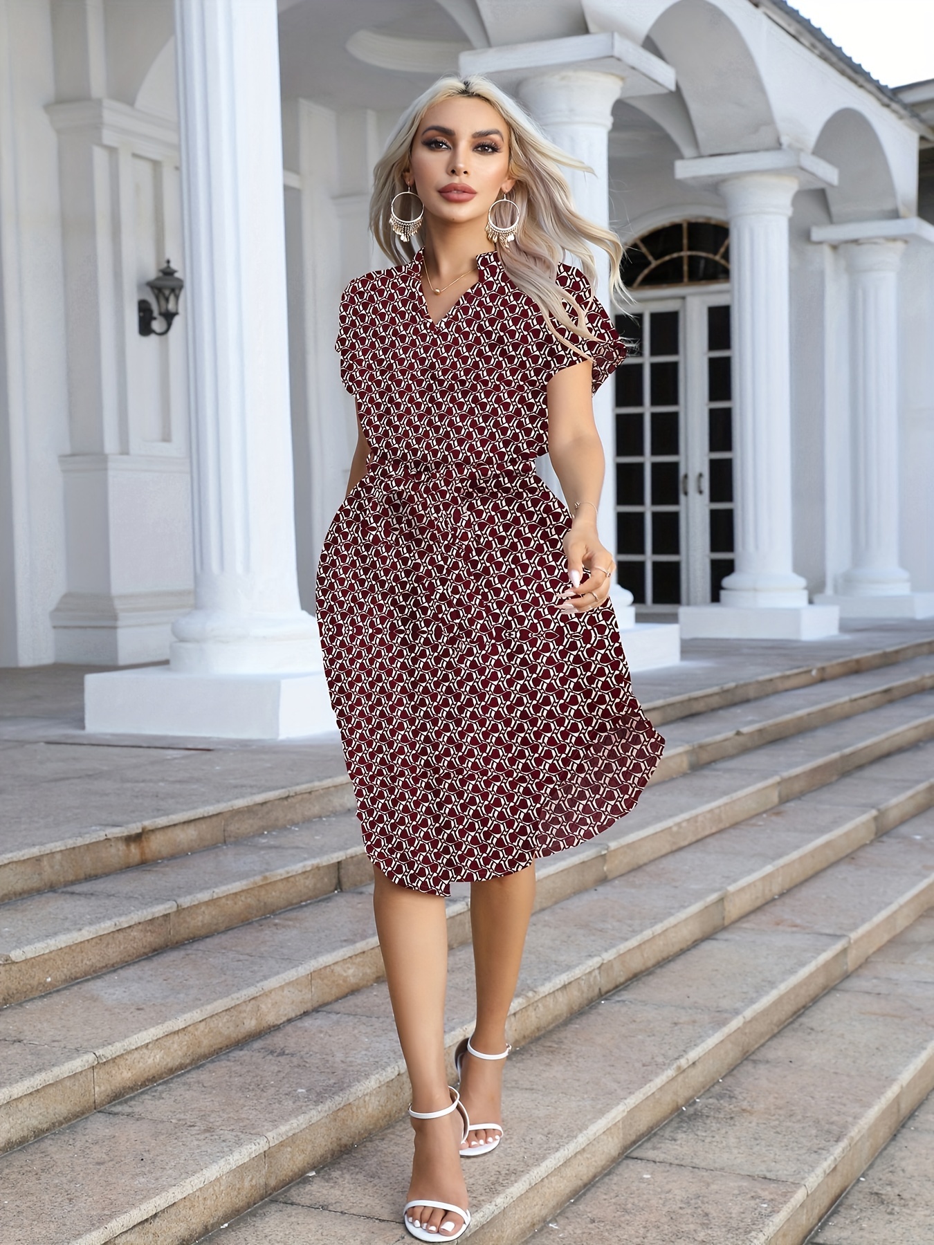 Full Printed Slim Waist Dress Casual Short Sleeve Summer - Temu