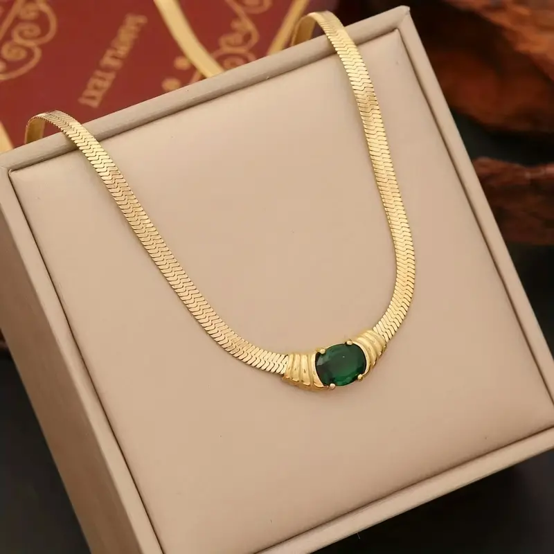 2ps golden stainless steel emerald zircon flat chain, 2ps golden stainless steel emerald zircon flat chain faux diamond necklace and earrings fashion trend design versatile retro decoration for men and women details 2