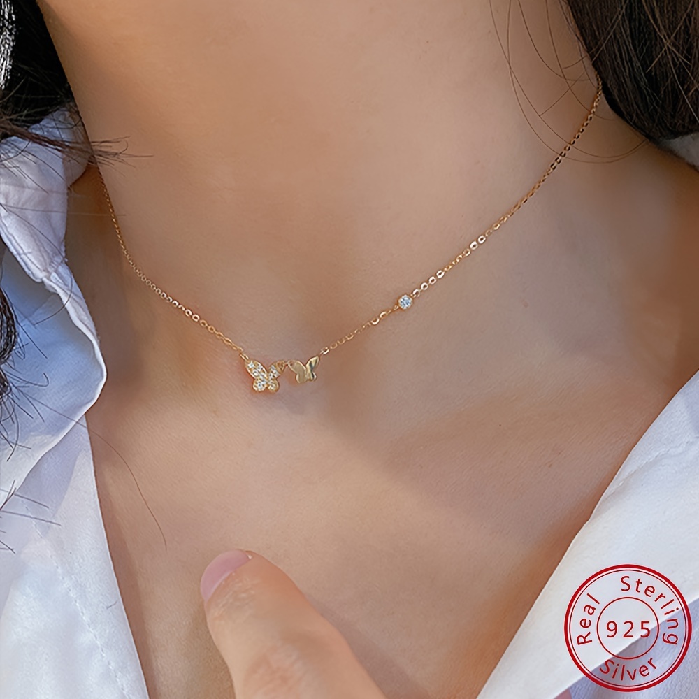 

925 Sterling Silver Plated Necklace For Women, Elegant Minimalist Glossy Zircon Double Butterfly Pendant Collarbone Chain Valentine's Day Gift