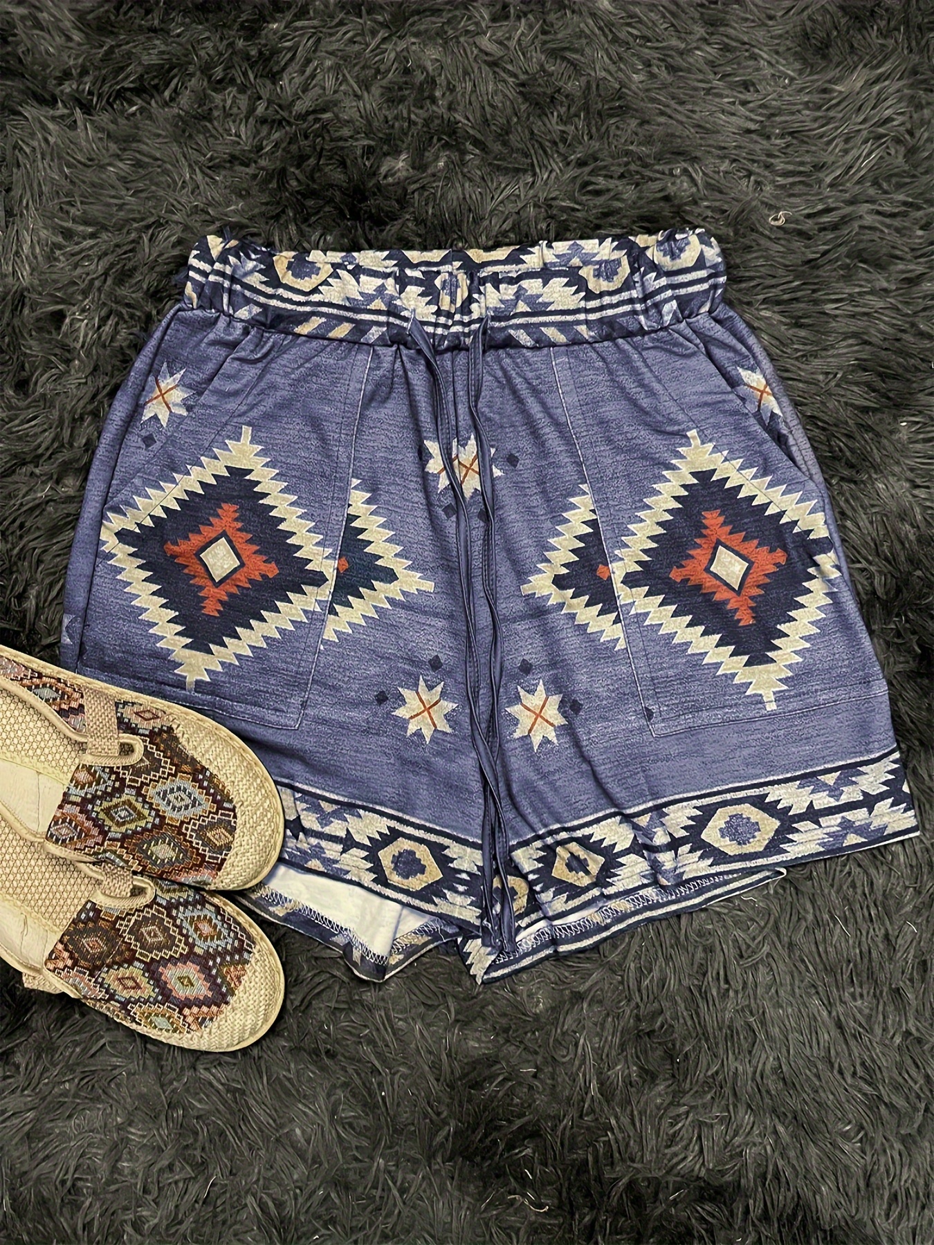 Boho Aztec Print Tie Waist Shorts Vintage Loose Summer - Temu