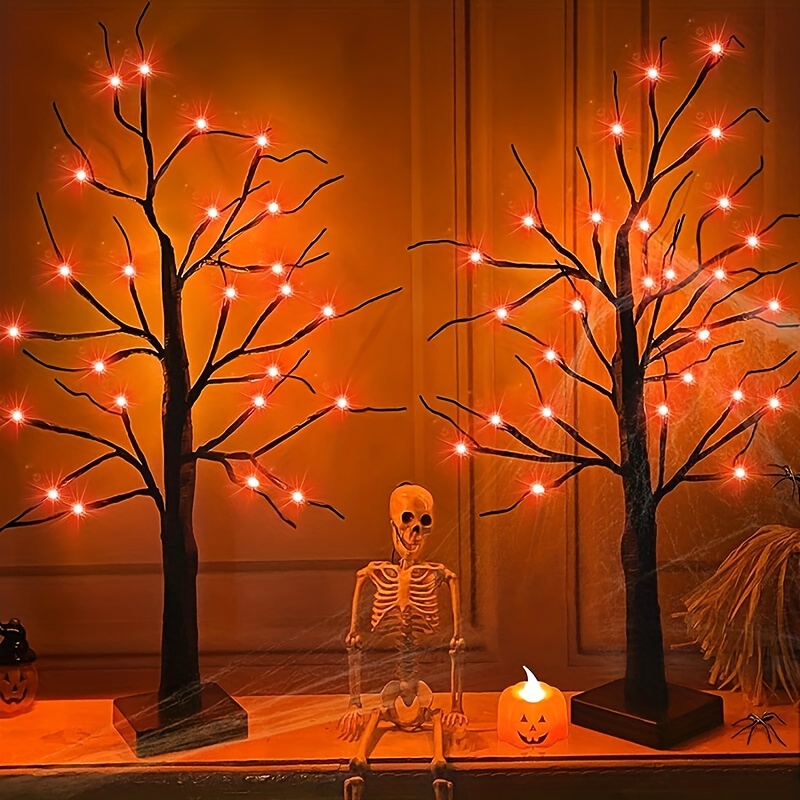 

1pc 2ft Led Spooky Tree Lights, Orange, Lighted Black Halloween Tree For Tabletop, Battery Operated Halloween Tree With Lights For Halloween Decorations Indoor Home