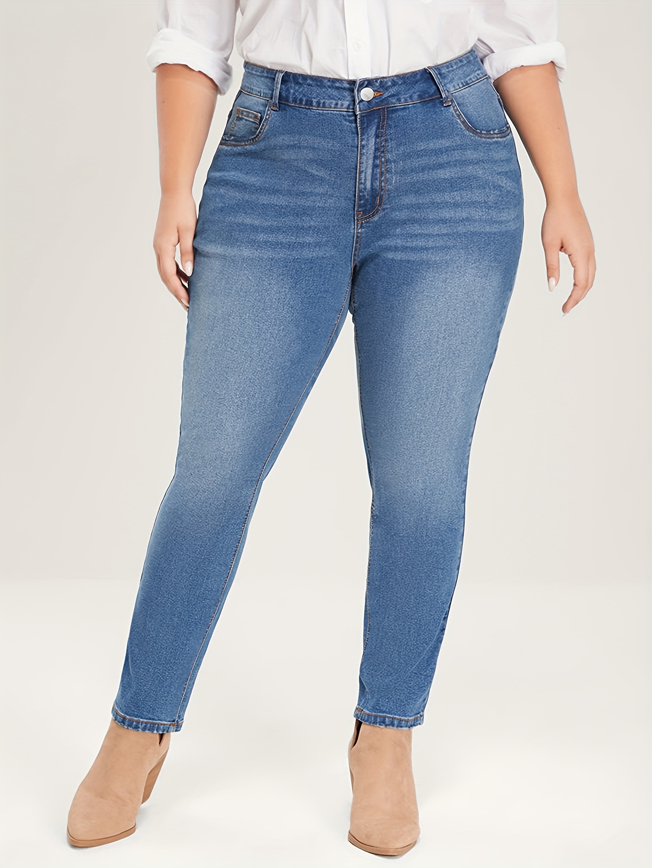 Plus Size Casual Denim Jeans Women's Plus High Button - Temu Canada