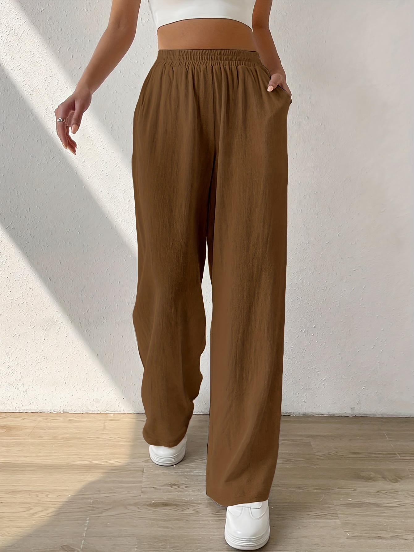 Solid Slant Pocket Wide Leg Pants Casual Loose Pants Spring - Temu