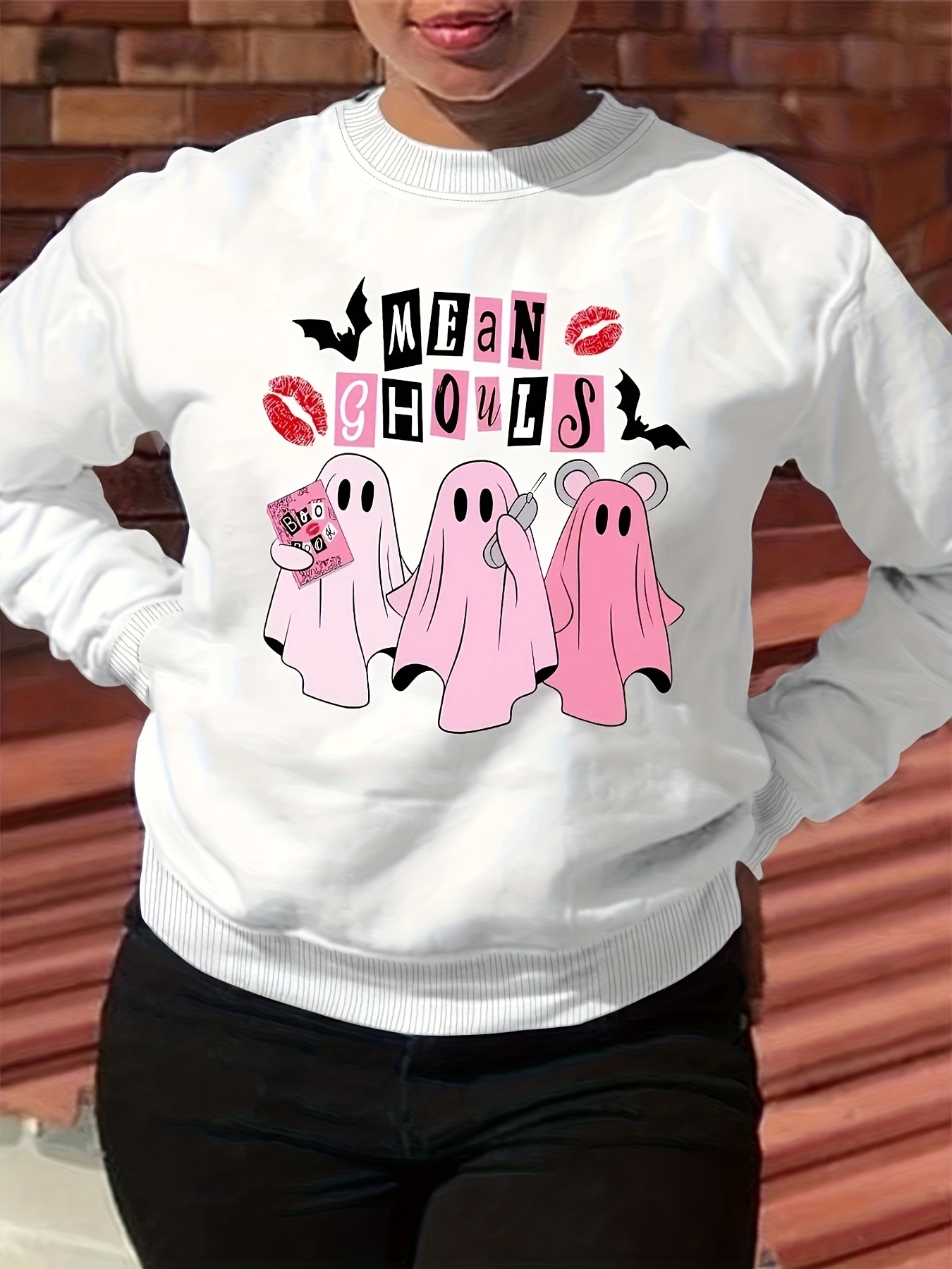 Halloween Ghost Print Sweatshirt, Casual Long Sleeve Crew Neck Sweatshirt, Women's Clothing