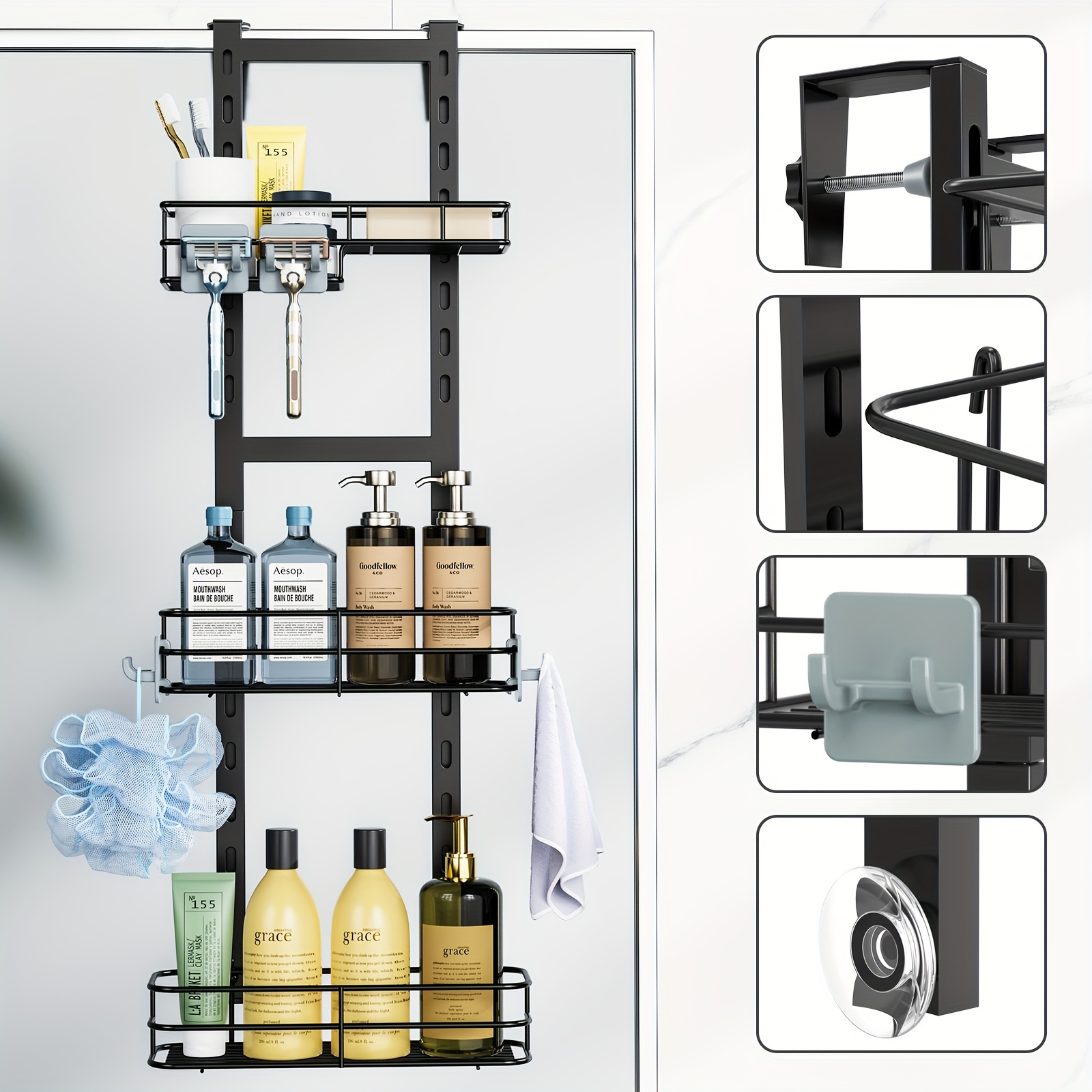 HUFTGOLD Over Head Shower Organizer, Hanging Bathroom Storage Rack with Soap Holder and Hooks, 3-Shelf Shower Caddy Basket, HG0018AMKA