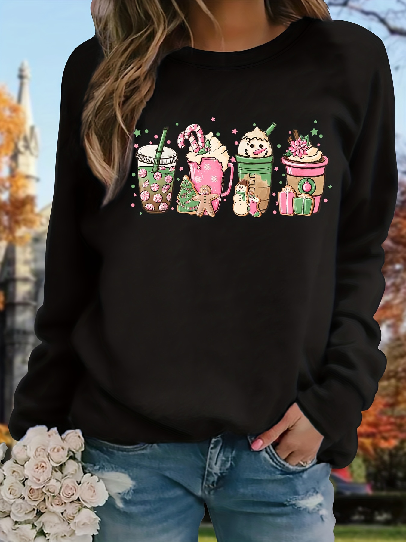 christmas drinking print t shirt casual long sleeve crew Temu