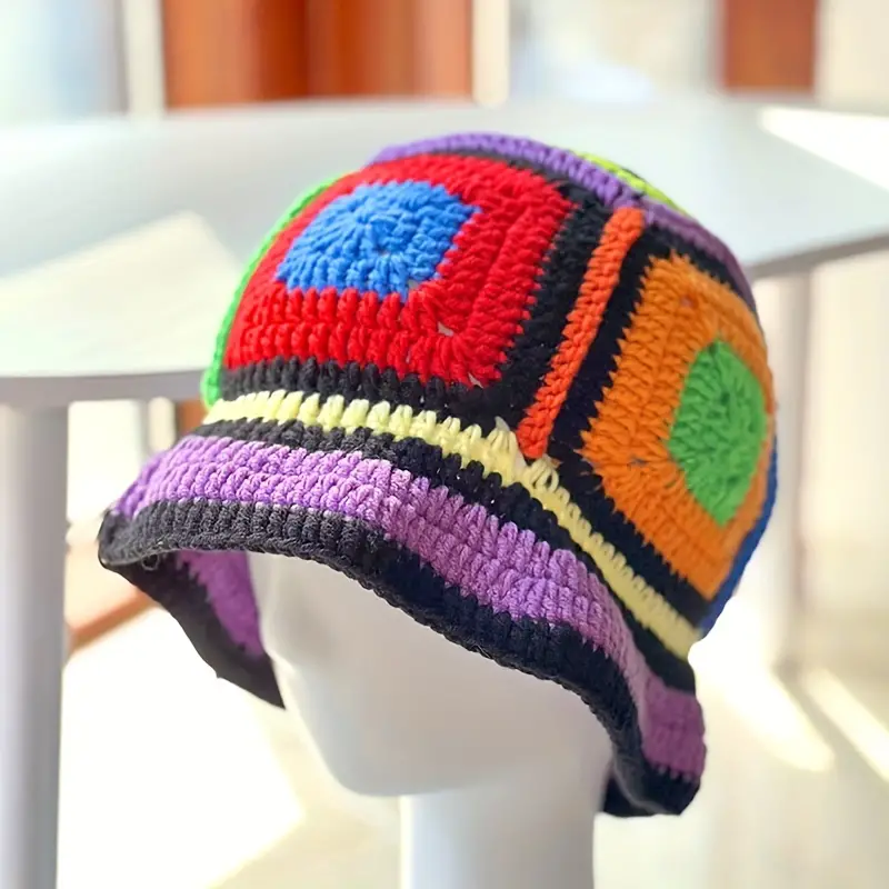 Vintage Ruffle Crochet Bucket Hats Boho Color Block - Temu