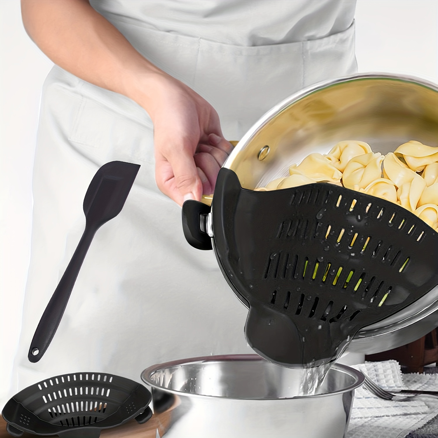 Every chef needs this adjustable silicone clip-on strainer for