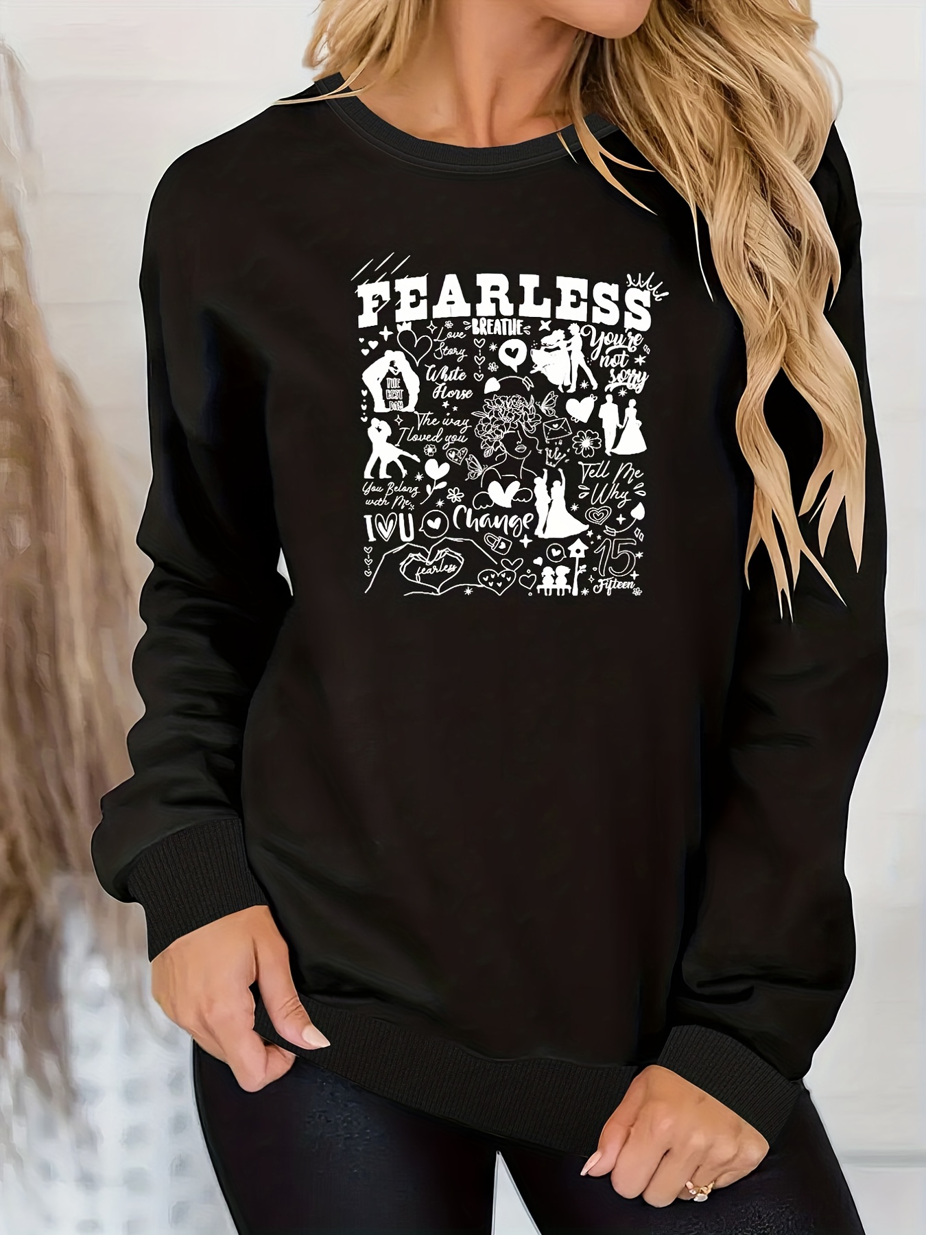 FEARLESS Print Sweatshirt, Winter & Fall Crew Neck Casual Sweatshirt,  Women's Clothing