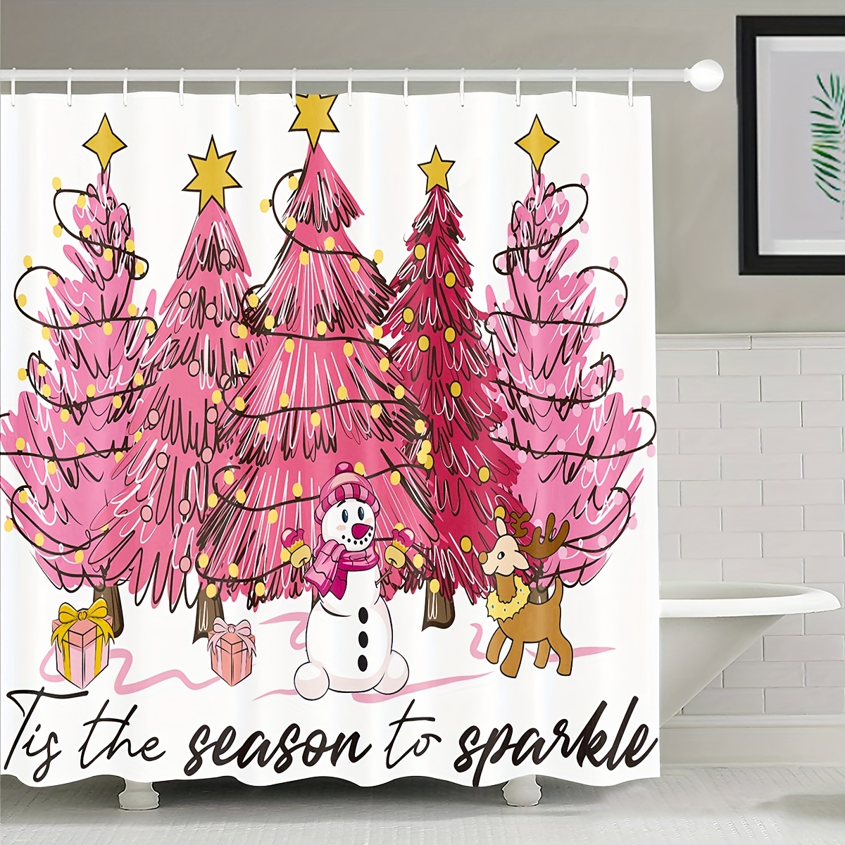 1Pc Christmas Tree Merry Christmas Pink Christmas Shower Curtain