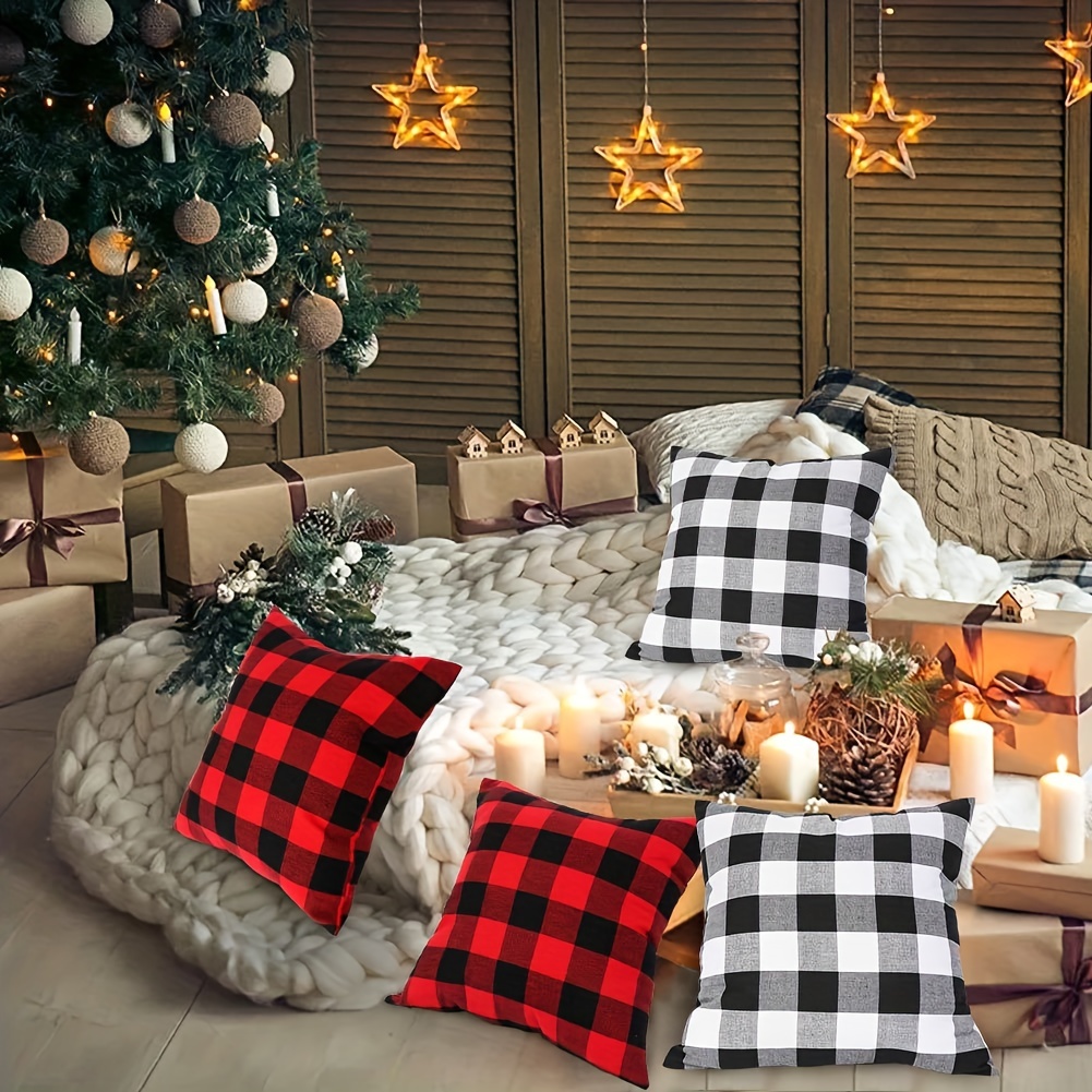 Christmas Throw Pillow Covers - Black Red Plaid Farmhouse Linen