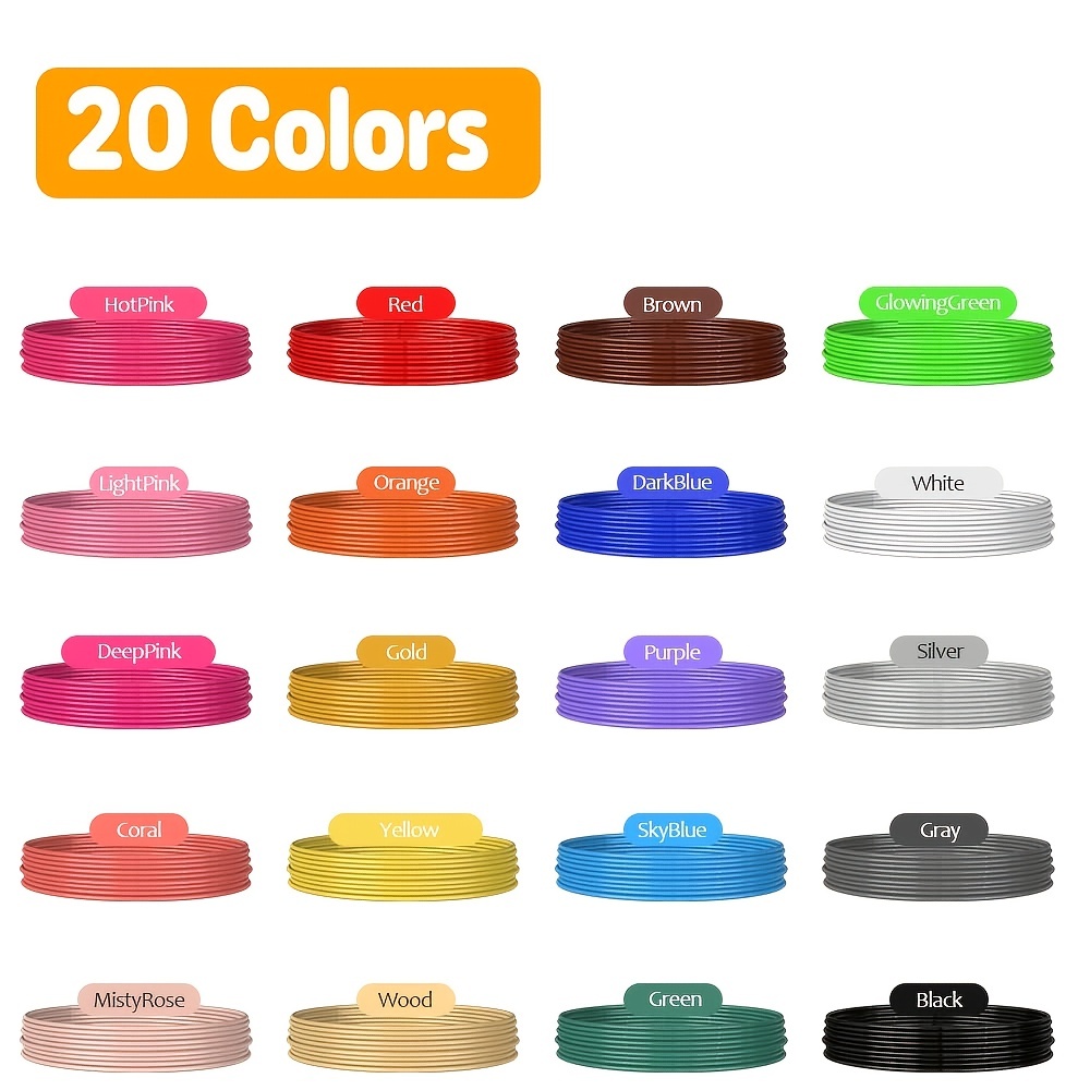 20 Colors*5 Meters, Supplies Consumables For HIGH Temperature 3D Printing  Pen, 20 Colors 3D Pen PLA Filament Refills, Each Color 16 Feet, Total 320 Fe