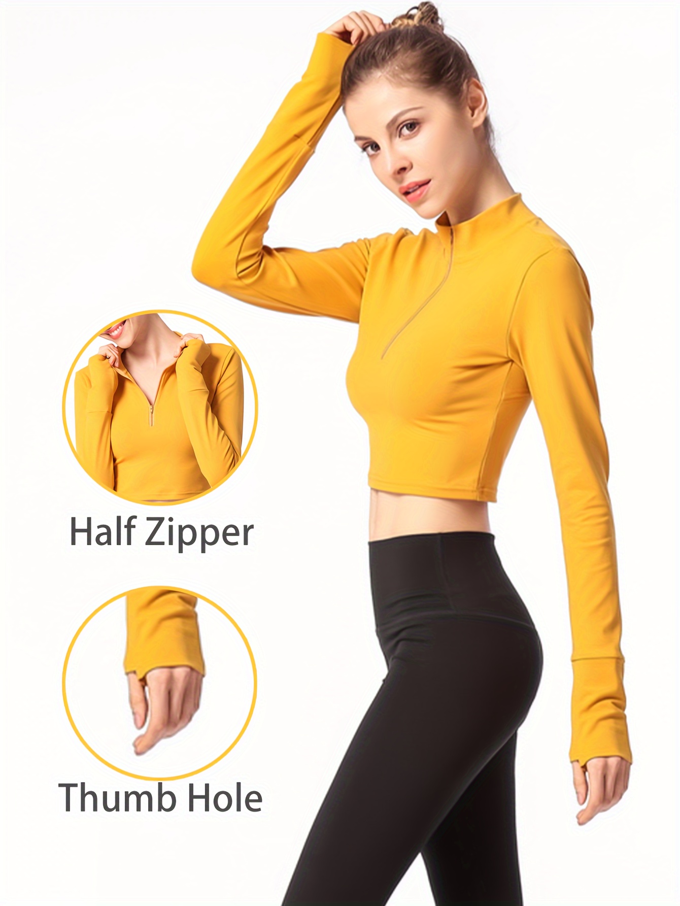 Yoga Workout Set Long Sleeve Thumb Hole Half Zipper Crop Top