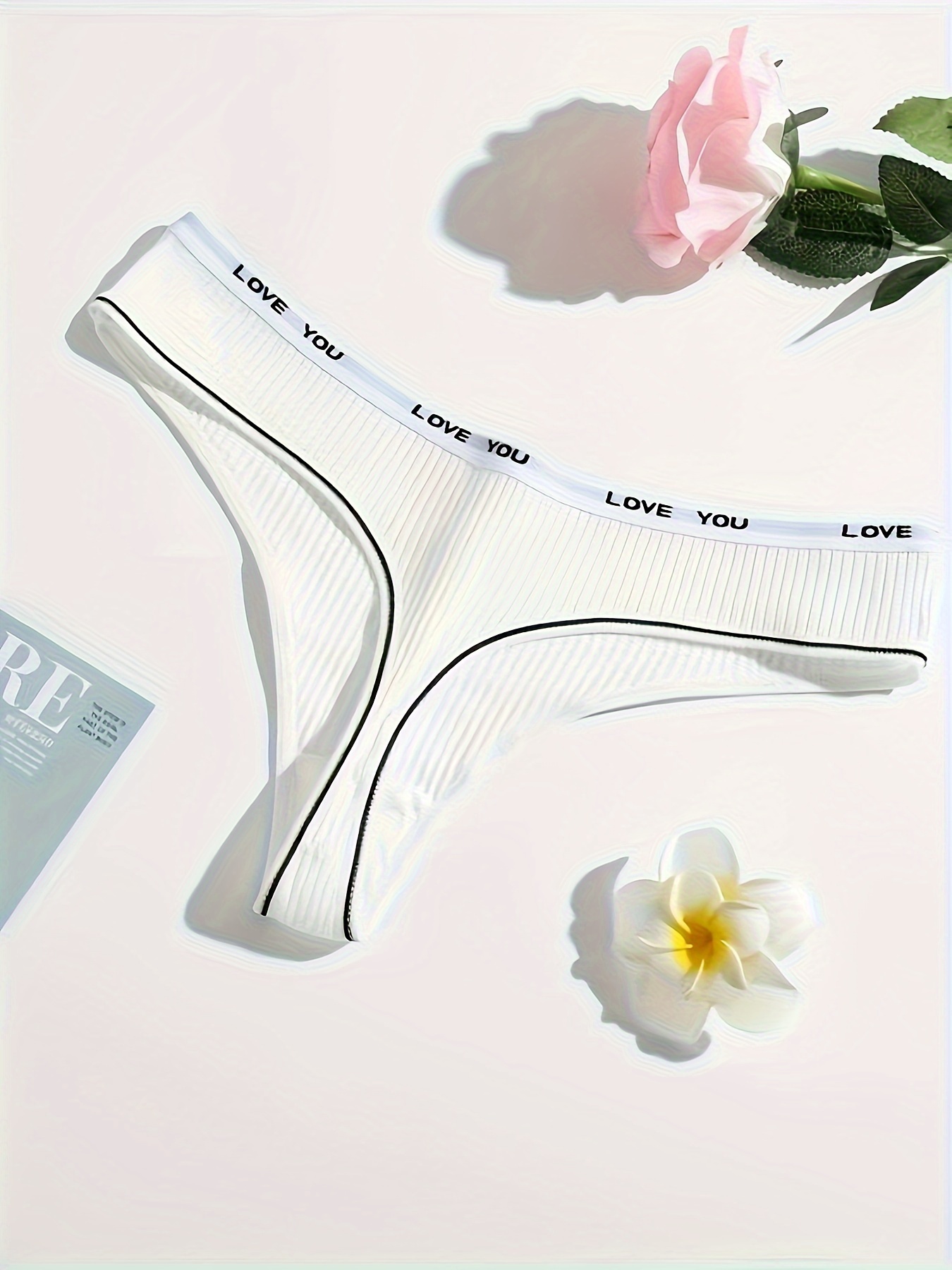 6pcs Letter Tape Ribbed Thongs, Soft & Comfy Stretchy Intimates Panties,  Women's Lingerie & Underwear