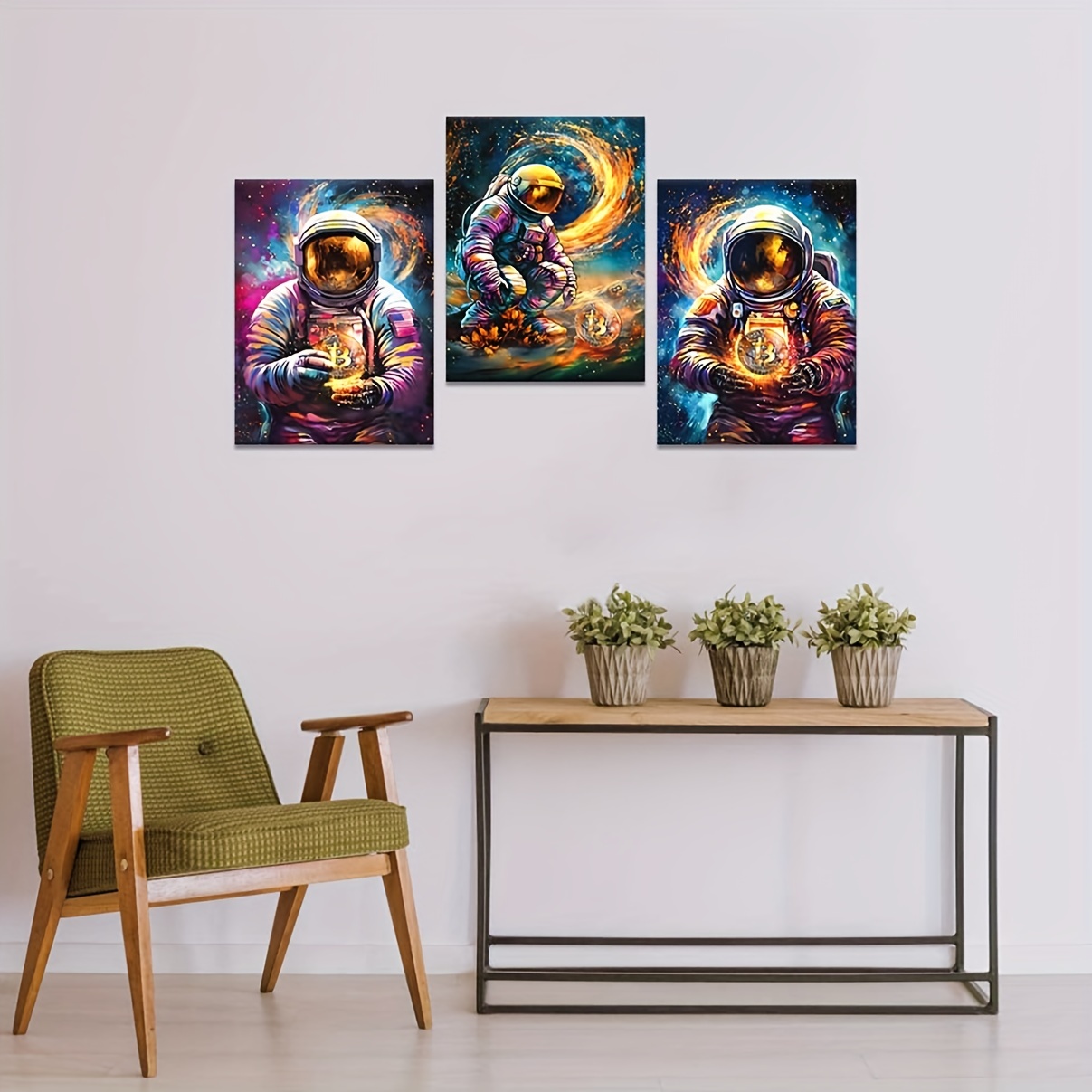 キャンバスウォールアート 3枚 ゴールデンビットコインポスター 抽象宇宙飛行士宇宙飛行士写真 仮想通貨絵画 プリントアートワーク リビングルーム  オフィス ホームデコレーション フレームなし 12インチx16インチ