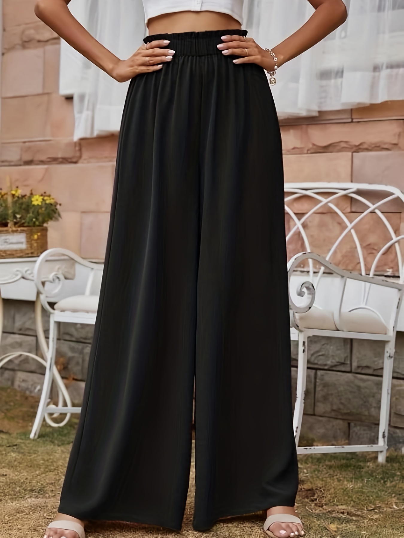 Solid Textured Wide Leg Pants Casual Belted Paper Bag Waist - Temu