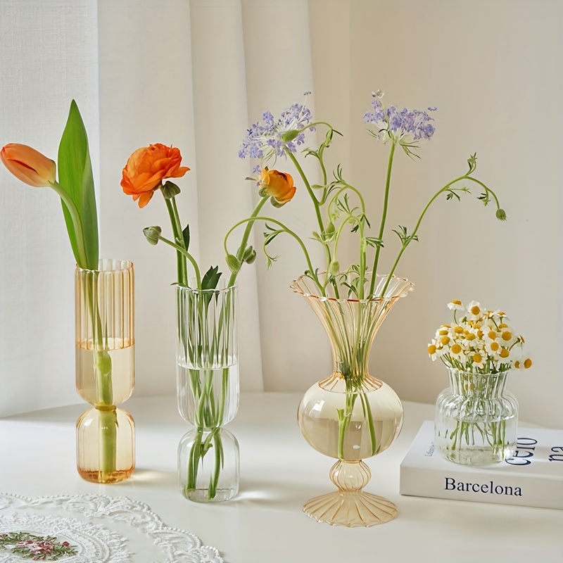 1pc  ビンテージストライプガラス花瓶、テーブルトップデスクトップ透明花瓶ホームデコレーション花アレンジメント装飾オーナメントリビングルームダイニングテーブル、ルームデコレーション、ホームデコレーション  Temuで節約を開始 Temu Japan