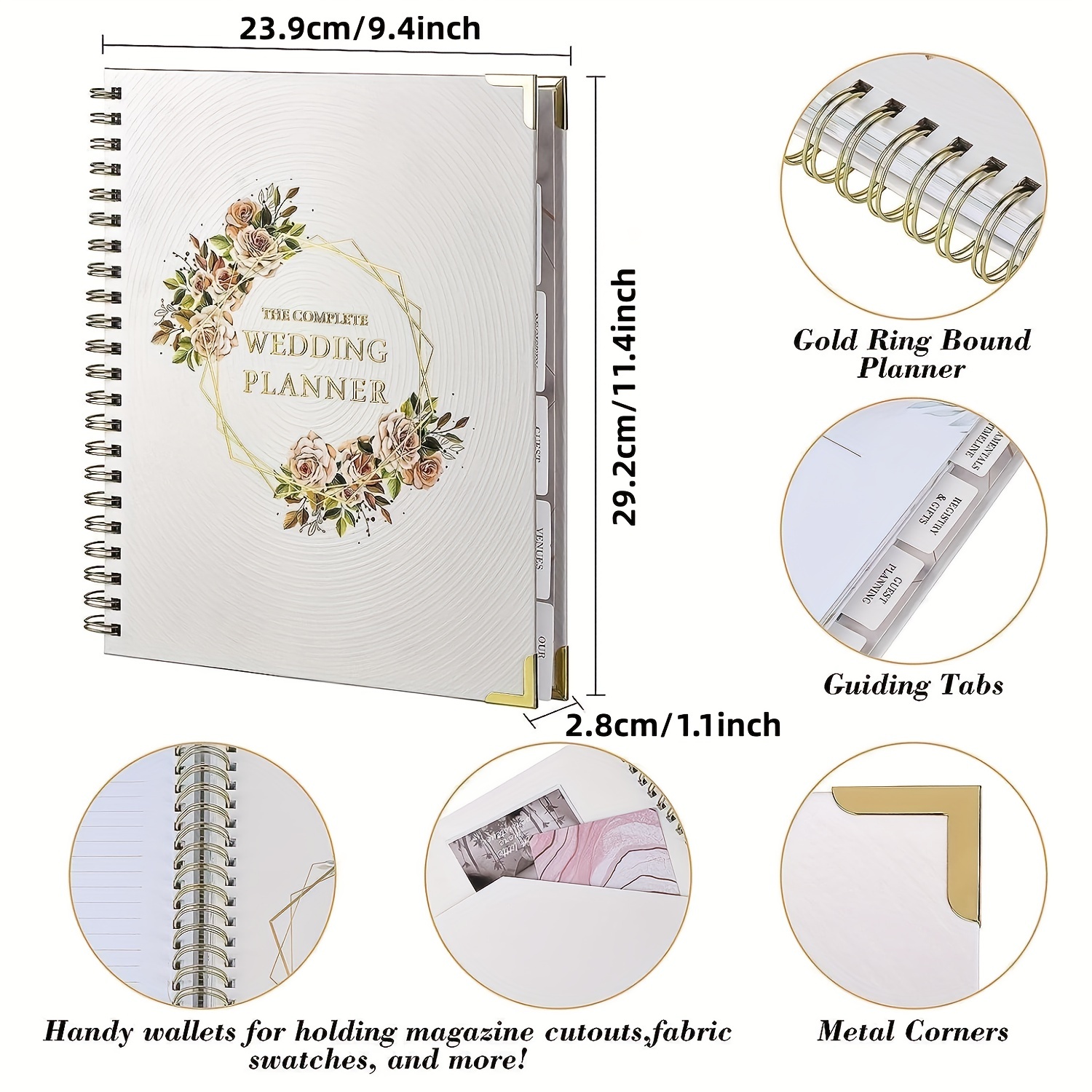 Wedding Planner and Organizer for the Bride-Wedding Planning Book,188  Pages,Golden Foil Hardcover with Metal Corner + 6 Inner Pockets+ Countdown