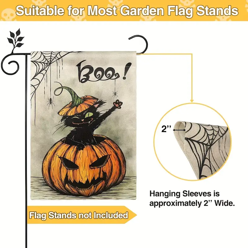 1pc Halloween Garden Flag 12 5 X 18 Inch Vertical Double Sided Pumpkin Spider Cat Boo Halloween Flags Burlap Small House Yard Flag For Outdoor Indoor Decoration details 2