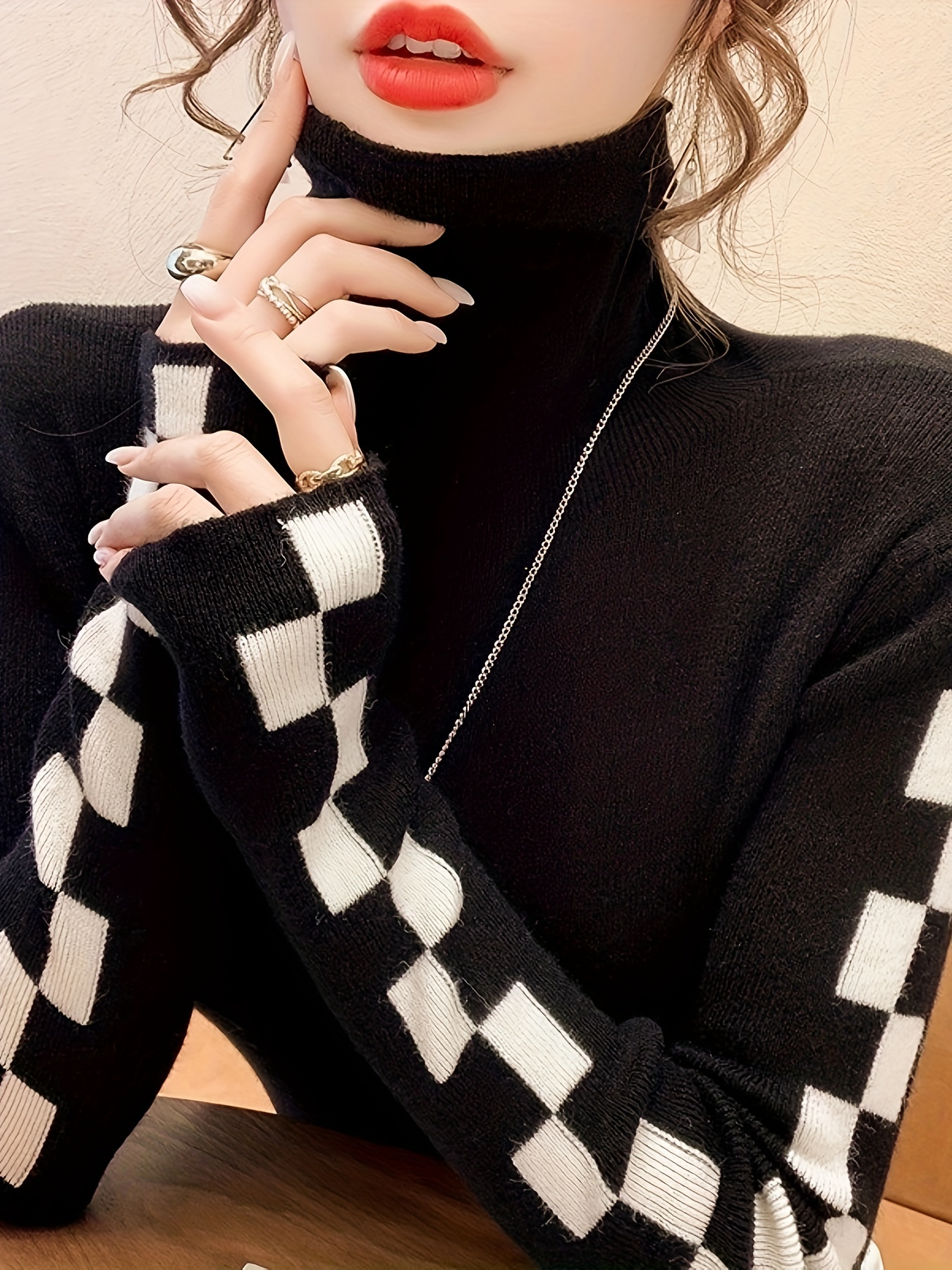 Women's Long Sleeve Turtleneck Sweaters Casual Solid Plaid Tops Split Hem Knitted Blouse Knitwear Pullover