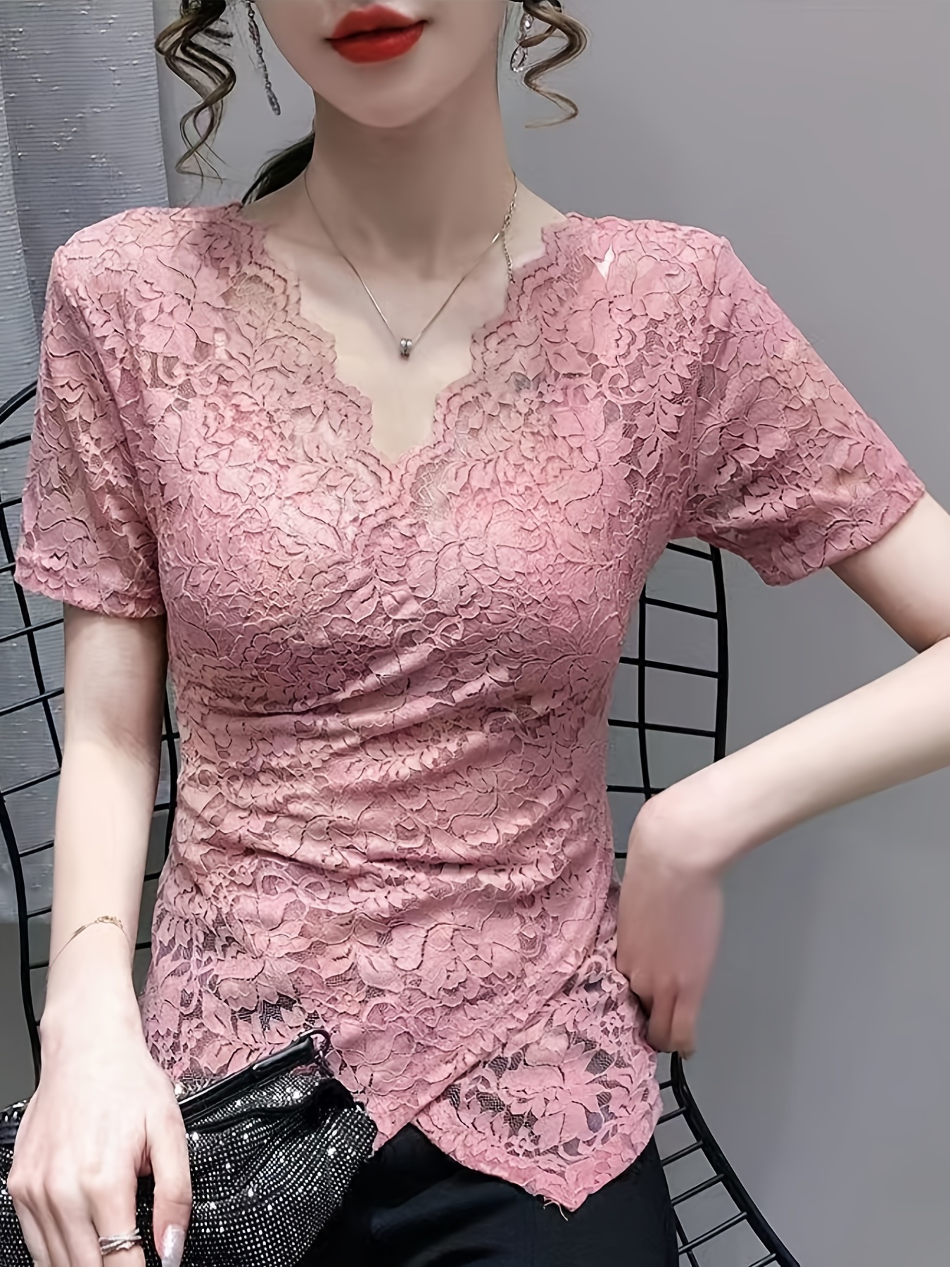 Solid V Neck Lace Blouse - Temu