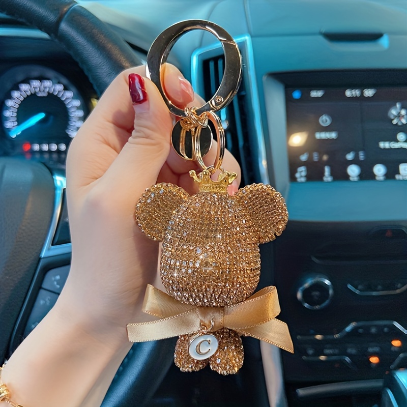 Blingy Strass Teddy Bear Schlüsselanhänger Leder geflochtene Seil niedliche  Tasche Charme Gold Glitter tragen Anhänger Schlüssel Ketten Frauen Auto  Schlüssel Ring Quaste - .de