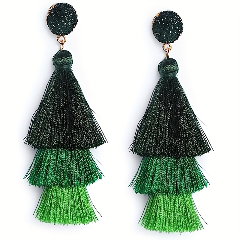 

[popular ] Bohemian Chic Layered Tassel Earrings - Vintage-inspired Gradient Black Stud Dangle For Women & Teen Girls, Ideal Day & Christmas Gift