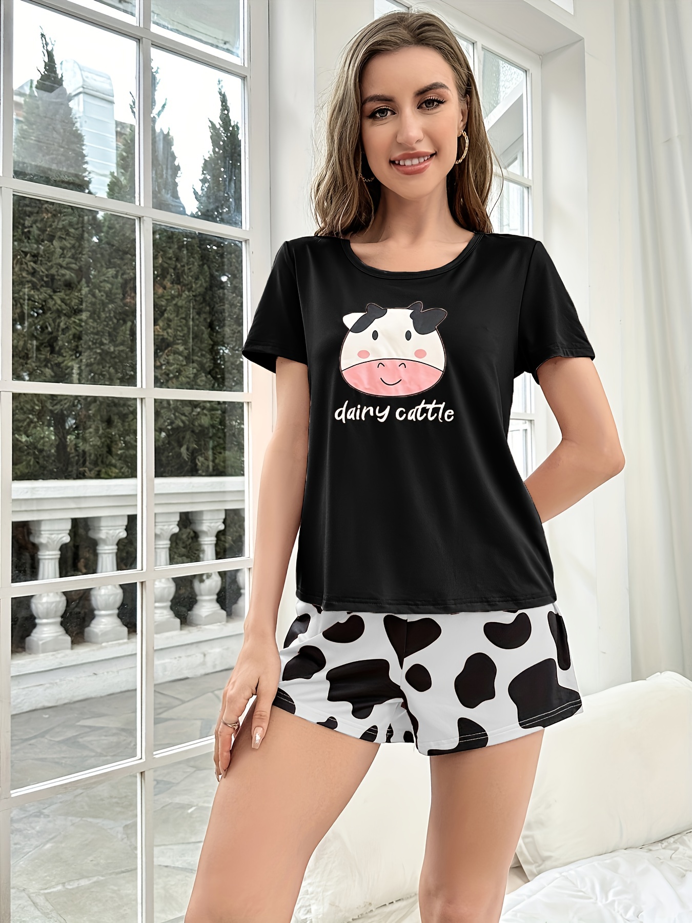 Casual Comfy Pajama Set Cute Cow Print Short Sleeve Tee Top - Temu Canada