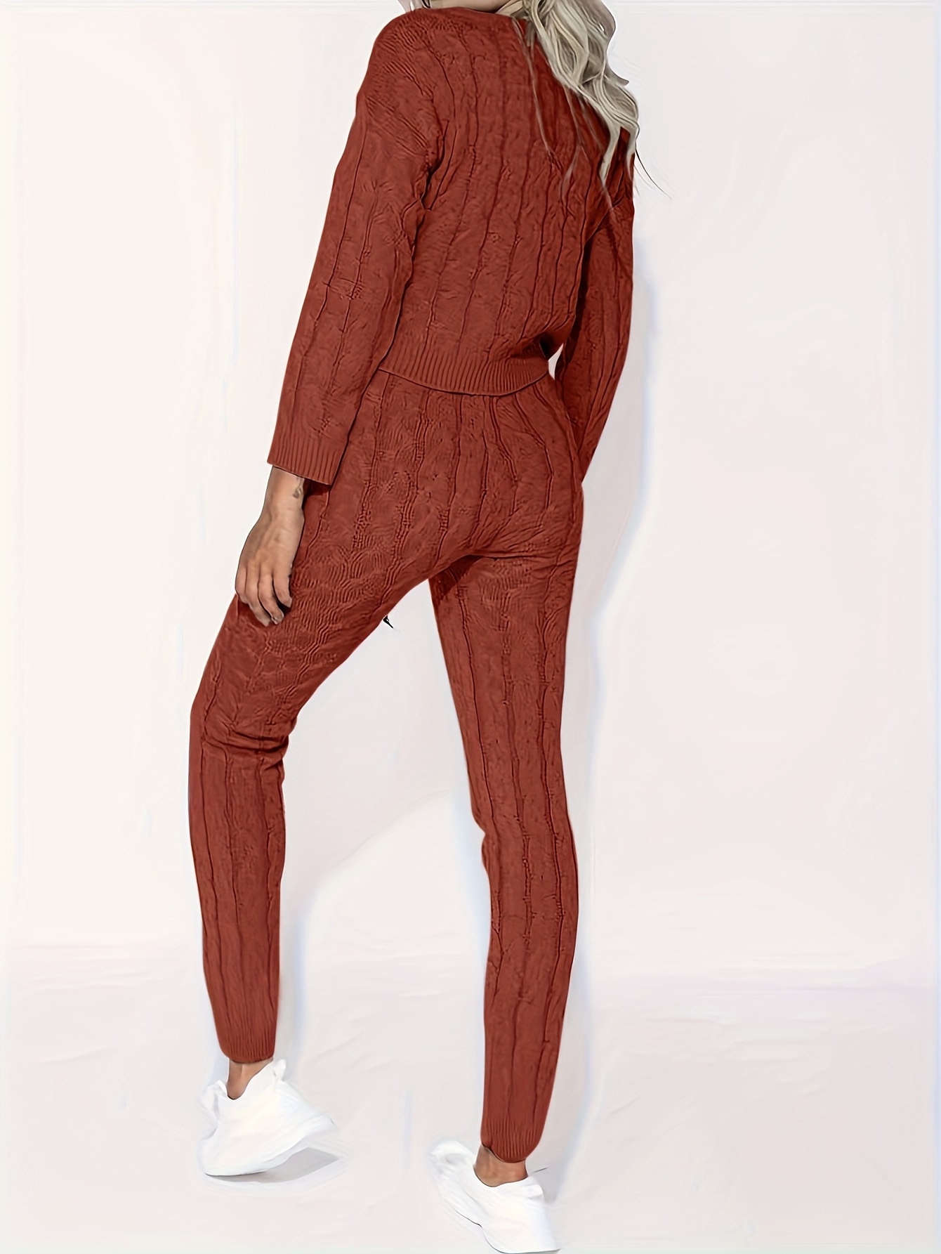 2 Piece Long Sleeve & Pant Set Cable Knit Loungeset Matching