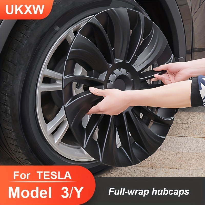 Hubcaps 4 Pieces For Tesla For Model 3 Cobweb Style Matte Black Cool Gray