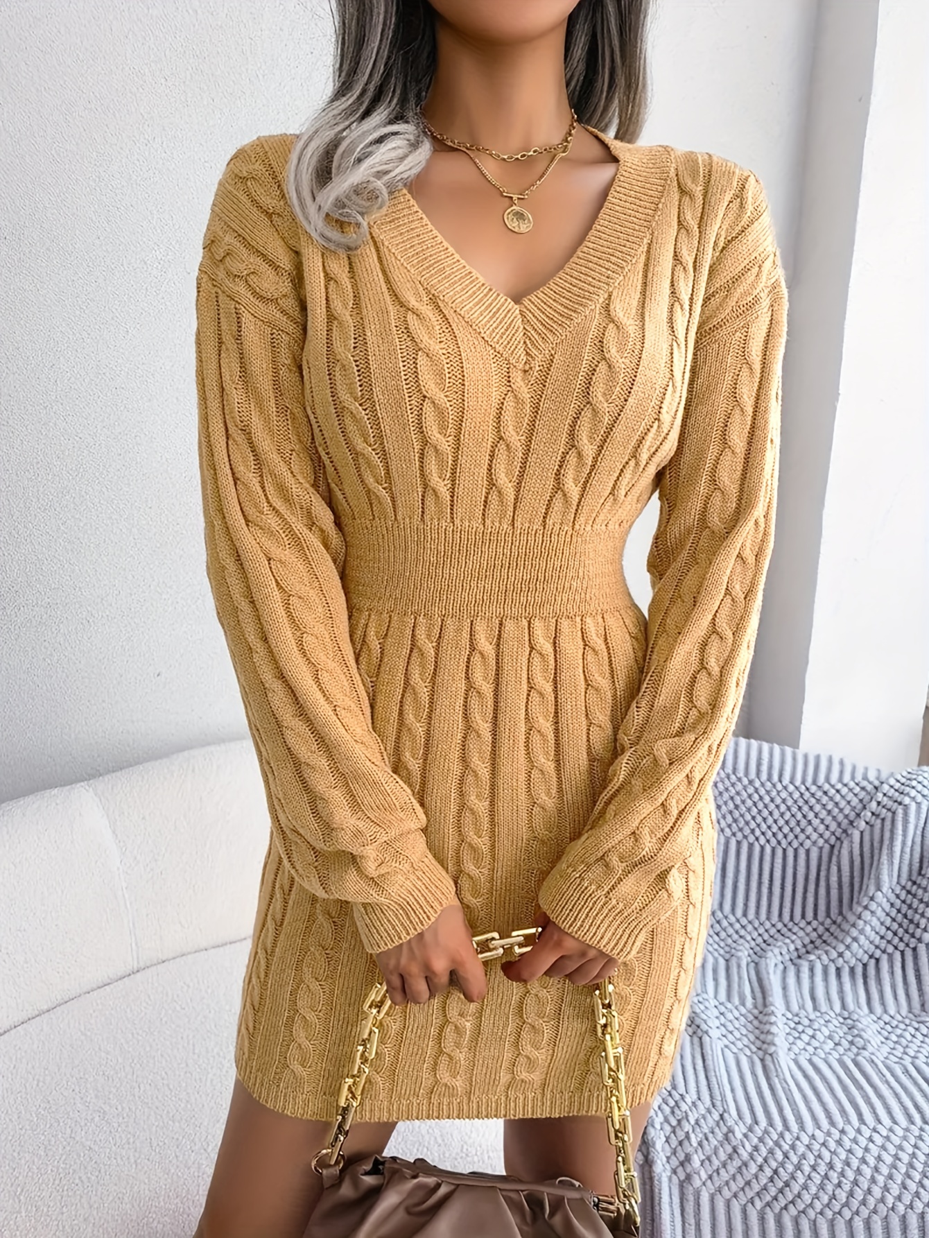 Plus Size Elegant Sweater Dress Women's Plus Solid Cable - Temu