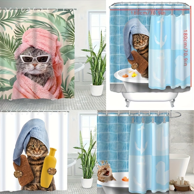 Funny Animal Shower Curtain Cat Shark Wave Creative Animal - Temu