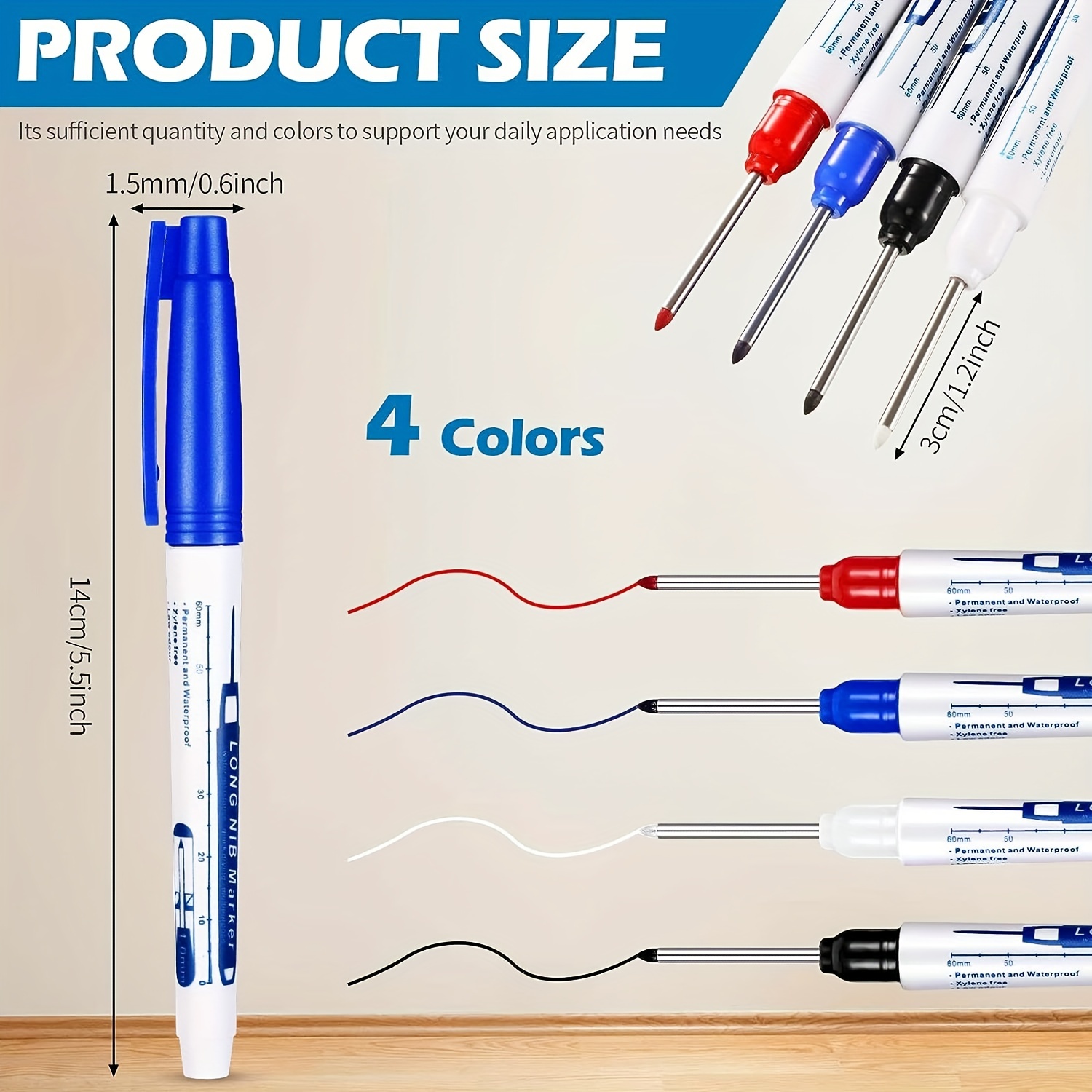 Multi-Purpose Deep Drill Hole Long Nib Waterproof Marker Pens Colorful  Carpenter Pen for Bathroom Woodworking, Red Black Blue (20 mm, Classic  Style)
