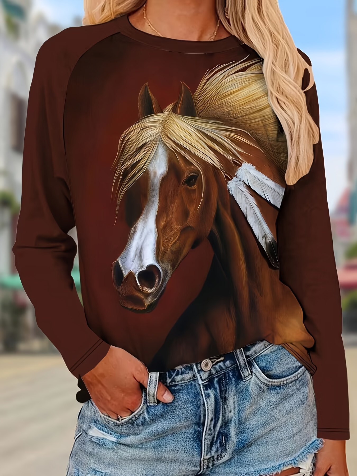 Camiseta Cuello Redondo Estampado Caballo Top Casual Manga - Temu