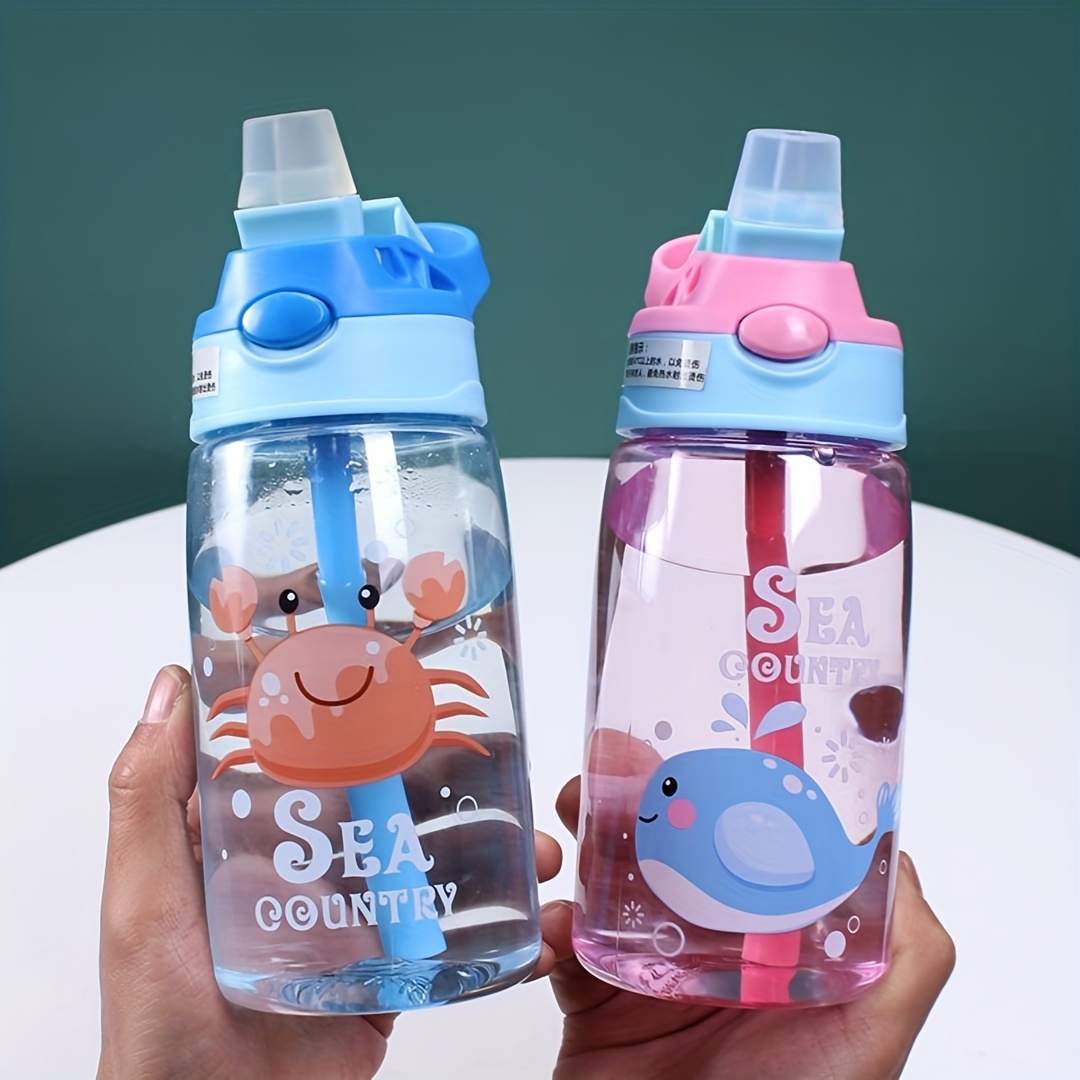 480ML/16.23OZ Kids Cartoon Print Straw Water Bottle Plastic Sippy
