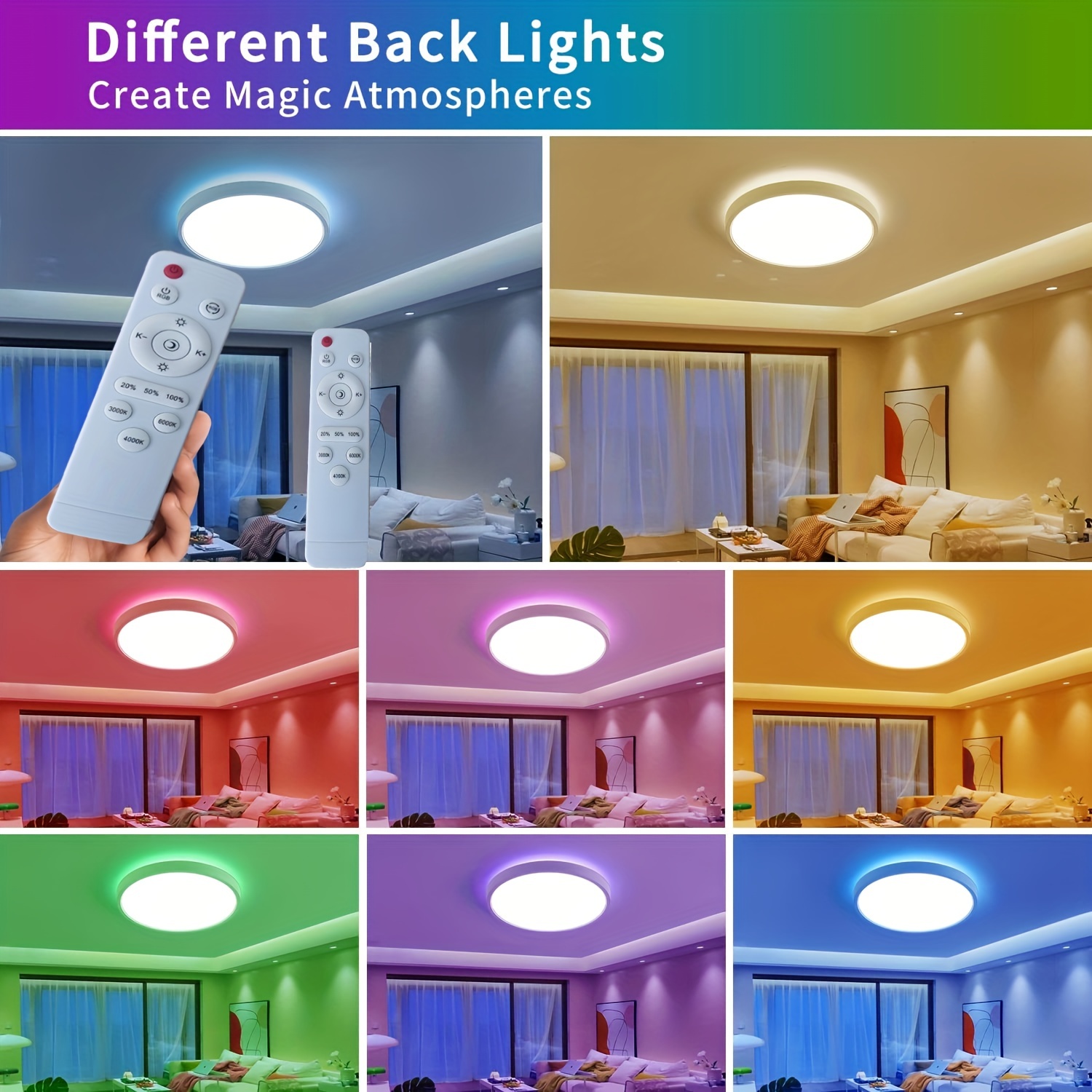 Plafonnier LED Dimmable , 24W RGB Lampe De Plafond Moderne, 6 Couleurs  RéTroéClairage Luminaire éTanches , Plafonnier TéLéCommandé Pour Salon  Chambre