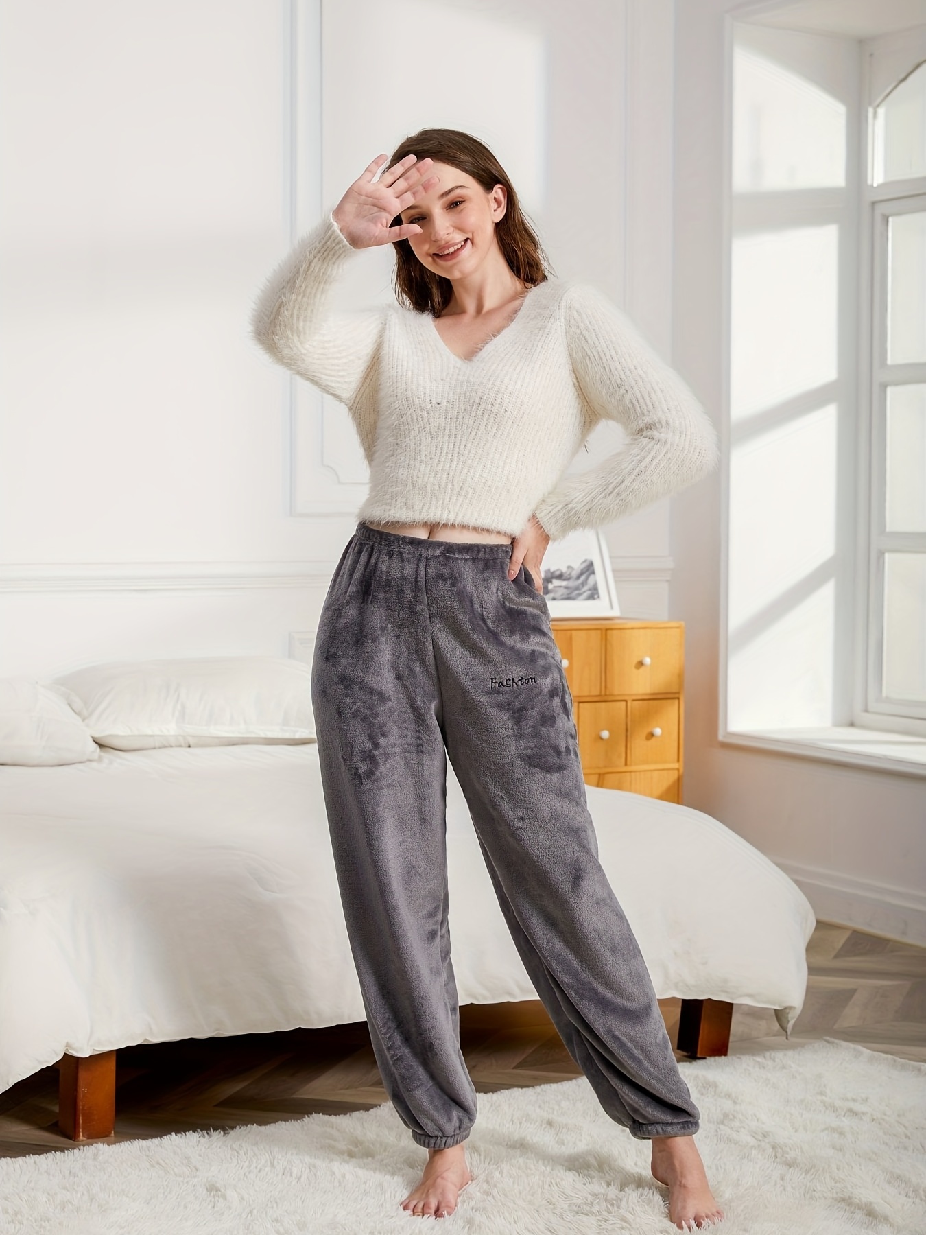 Letter Embroidery Lounge Pants Warm Soft Fuzzy Elastic - Temu