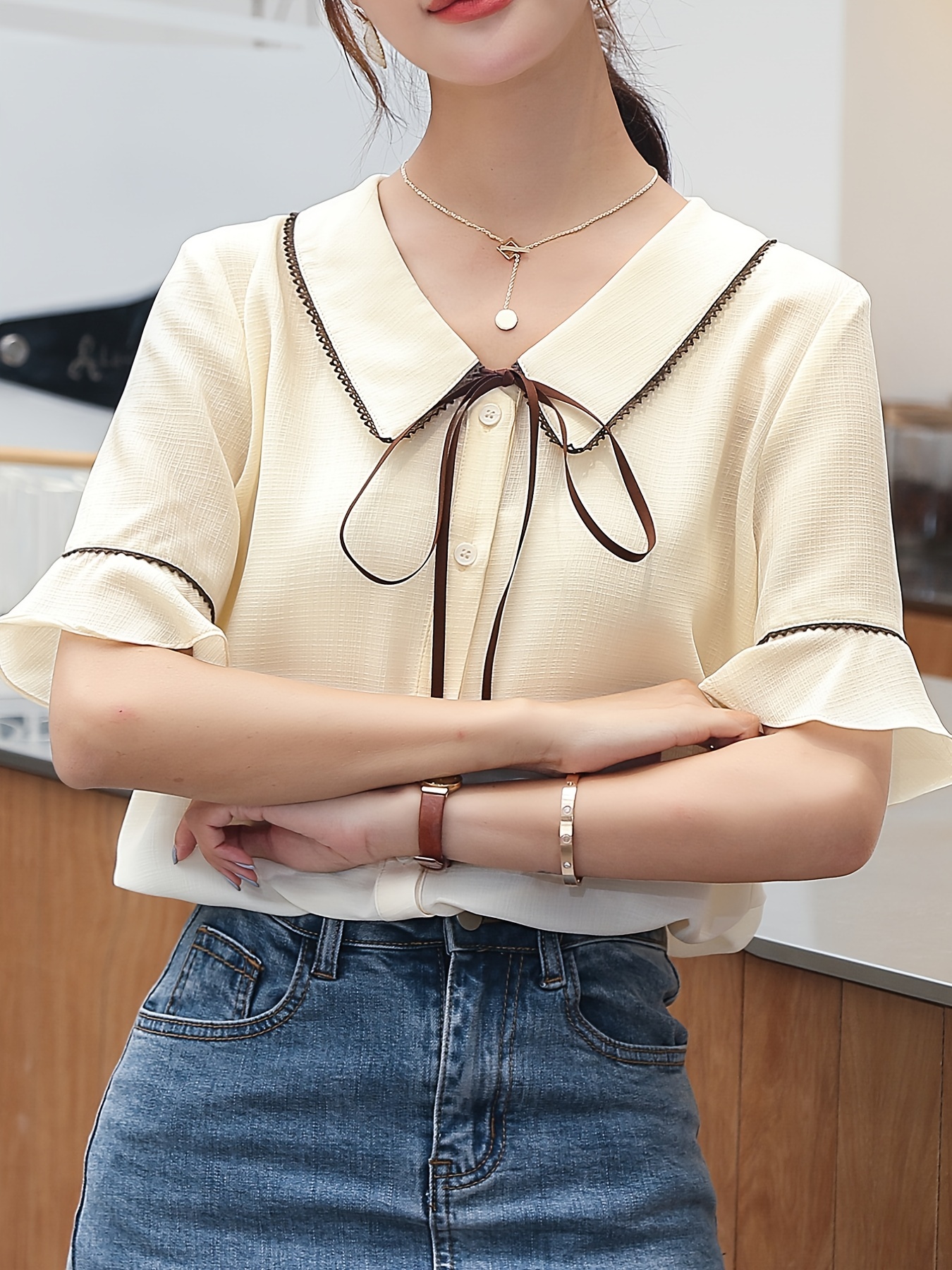 Lace Trimmed Ribbon Collar Blouse - トップス