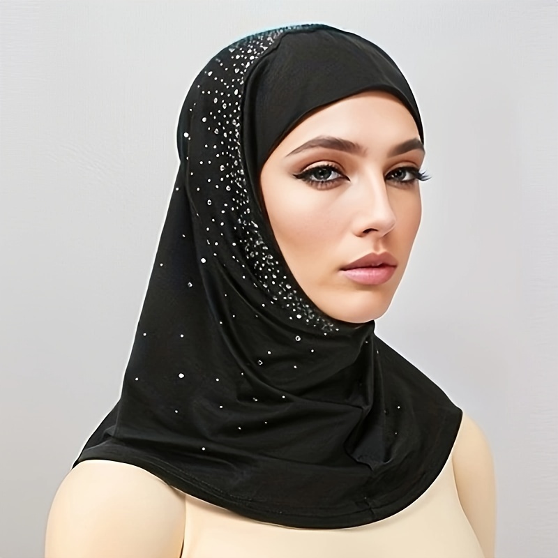 

Rhinestone Decor Black Hijab Casual Elastic Turban Cap Lightweight Head Scarf Classic Head Wraps For Women